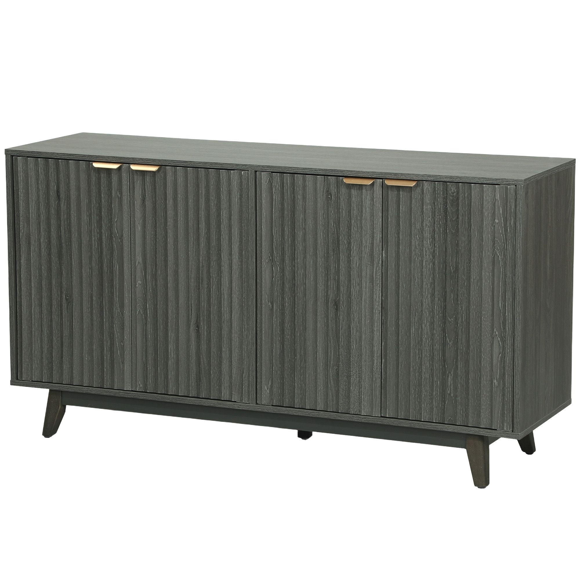 HOMCOM Fluted Sideboard Buffet Cabinet, 55" Coffee Bar Cabinet with 4 Doors, 2 Adjustable Shelves, 5 Wood Legs, Distressed Gray - Comfortable Living Decor