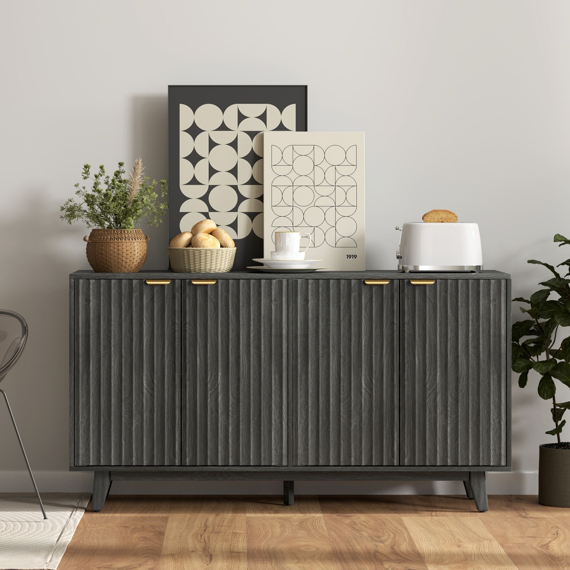 HOMCOM Fluted Sideboard Buffet Cabinet, 55" Coffee Bar Cabinet with 4 Doors, 2 Adjustable Shelves, 5 Wood Legs, Distressed Gray - Comfortable Living Decor