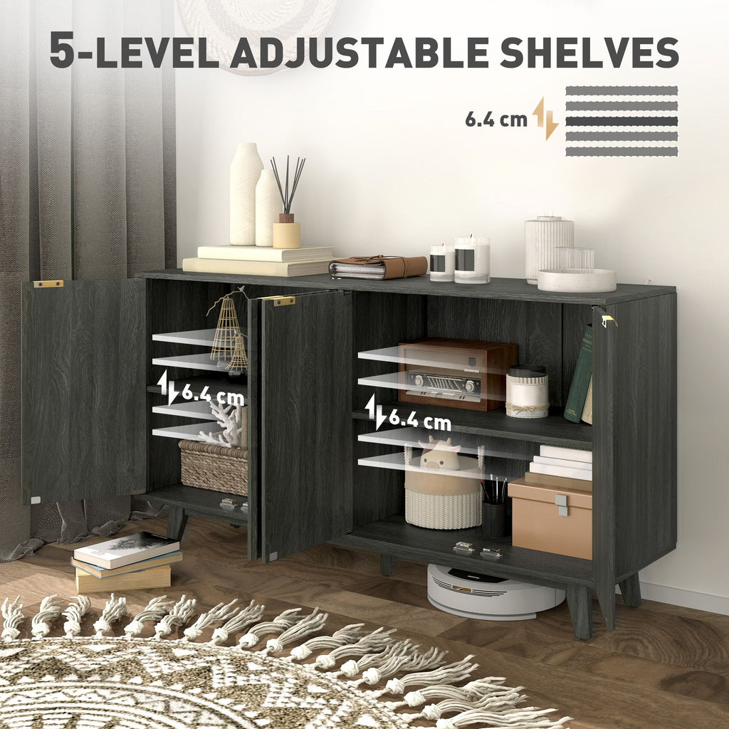 HOMCOM Fluted Sideboard Buffet Cabinet, 55" Coffee Bar Cabinet with 4 Doors, 2 Adjustable Shelves, 5 Wood Legs, Distressed Gray - Comfortable Living Decor