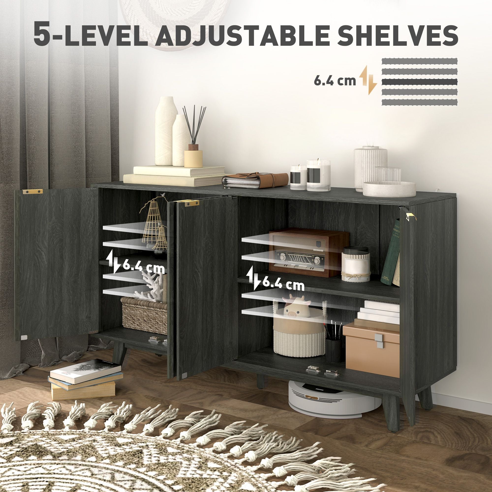HOMCOM Fluted Sideboard Buffet Cabinet, 55" Coffee Bar Cabinet with 4 Doors, 2 Adjustable Shelves, 5 Wood Legs, Distressed Gray - Comfortable Living Decor