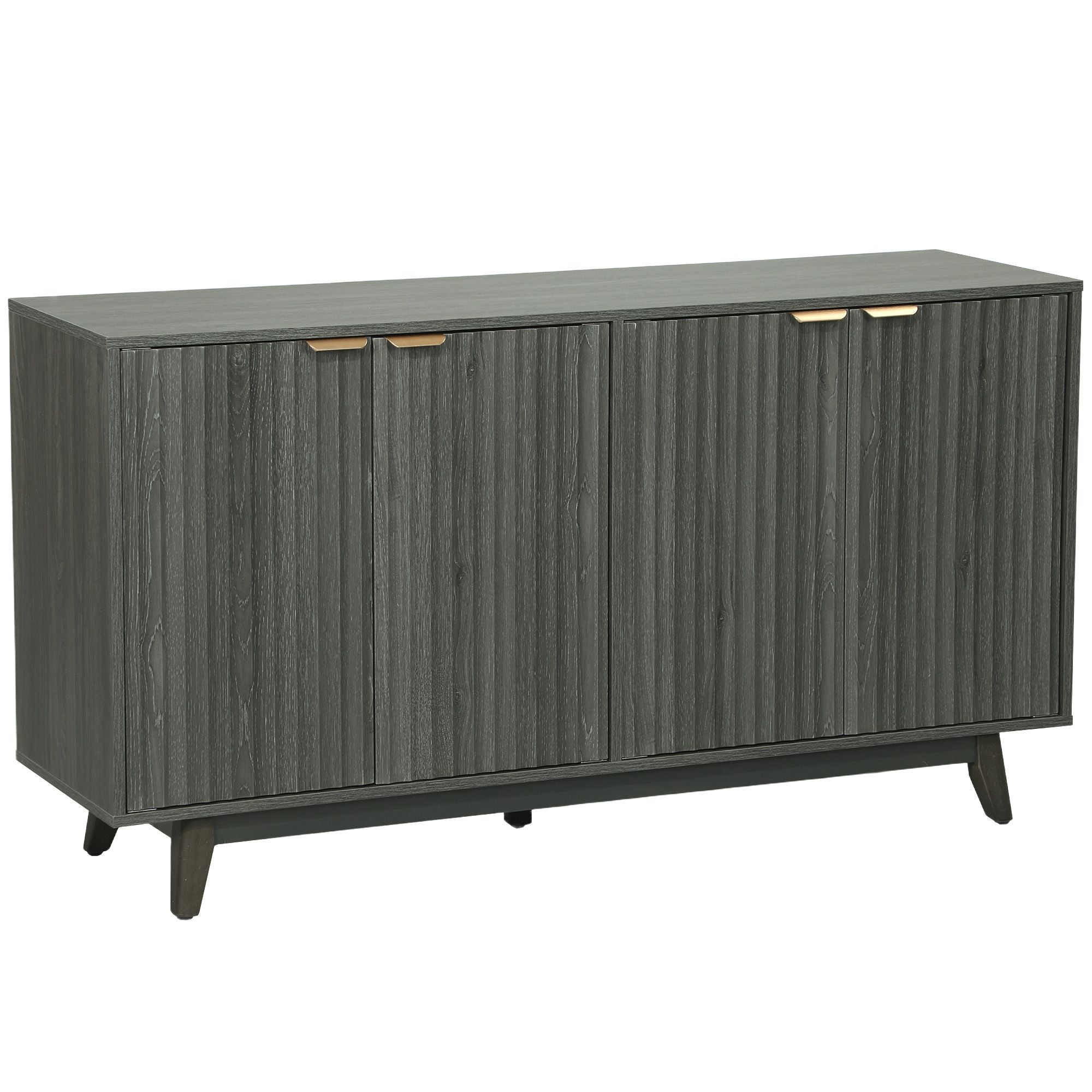 HOMCOM Fluted Sideboard Buffet Cabinet, 55" Coffee Bar Cabinet with 4 Doors, 2 Adjustable Shelves, 5 Wood Legs, Distressed Gray - Comfortable Living Decor