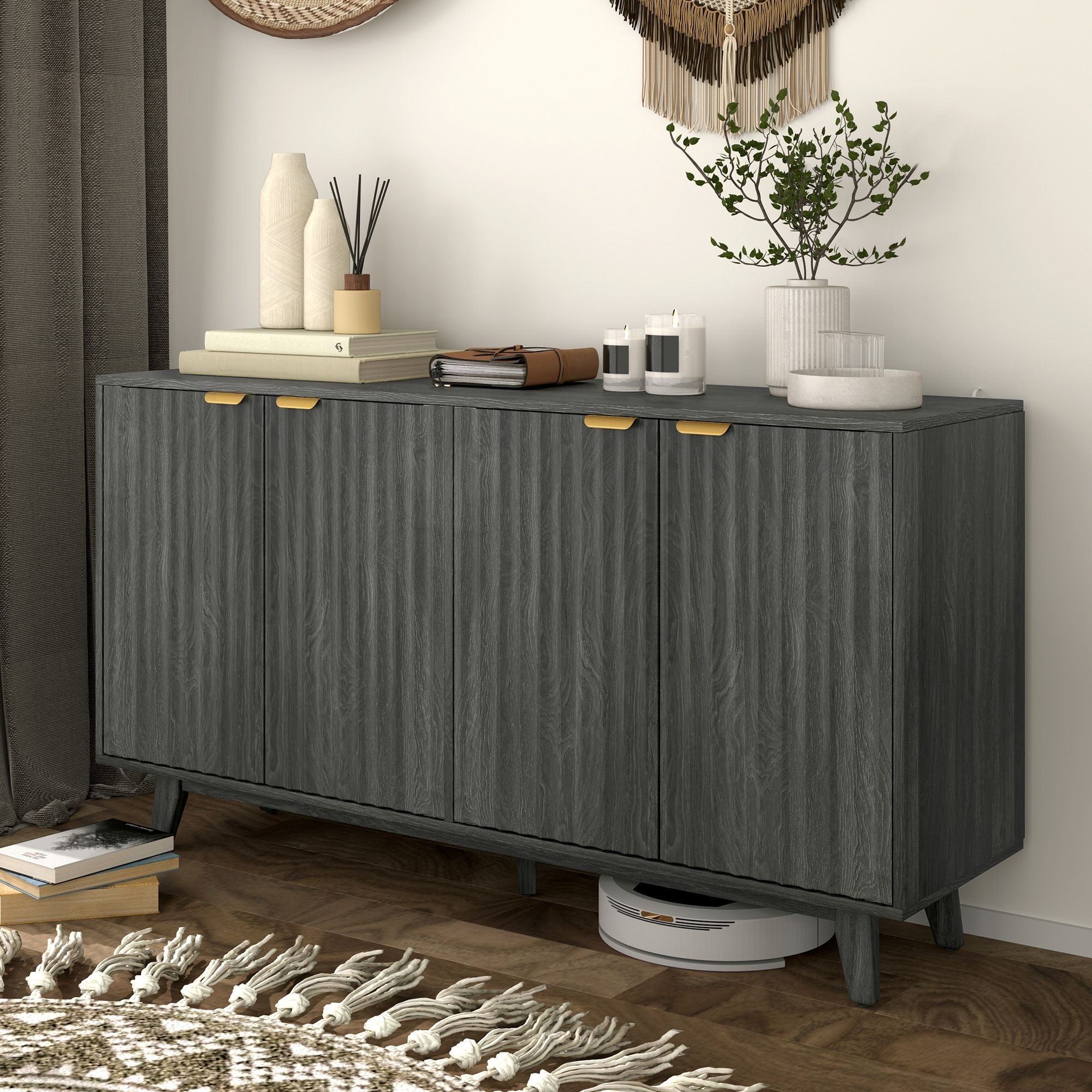 HOMCOM Fluted Sideboard Buffet Cabinet, 55" Coffee Bar Cabinet with 4 Doors, 2 Adjustable Shelves, 5 Wood Legs, Distressed Gray - Comfortable Living Decor