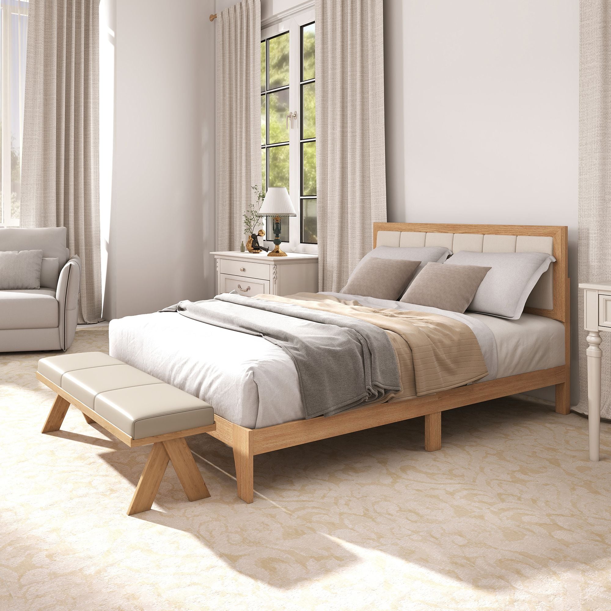 HOMCOM Full Bed Frame with Headboard Full Size Platform Bed Frame with Wooden Slats No Box Spring Needed Easy Assembly Oak - Comfortable Living Decor