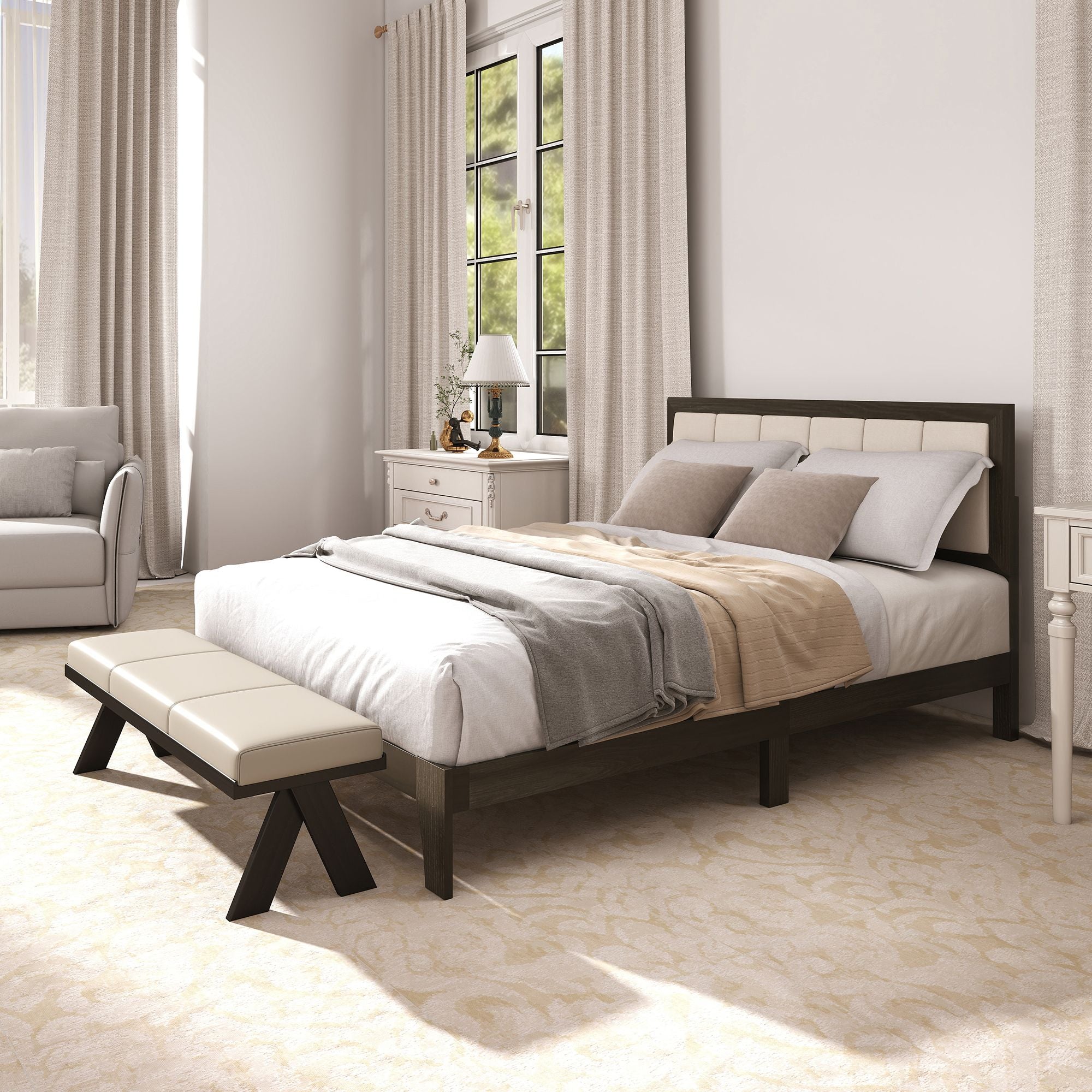 HOMCOM Full Bed Frame with Headboard Full Size Platform Bed Frame with Wooden Slats No Box Spring Needed Easy Assembly Walnut - Comfortable Living Decor
