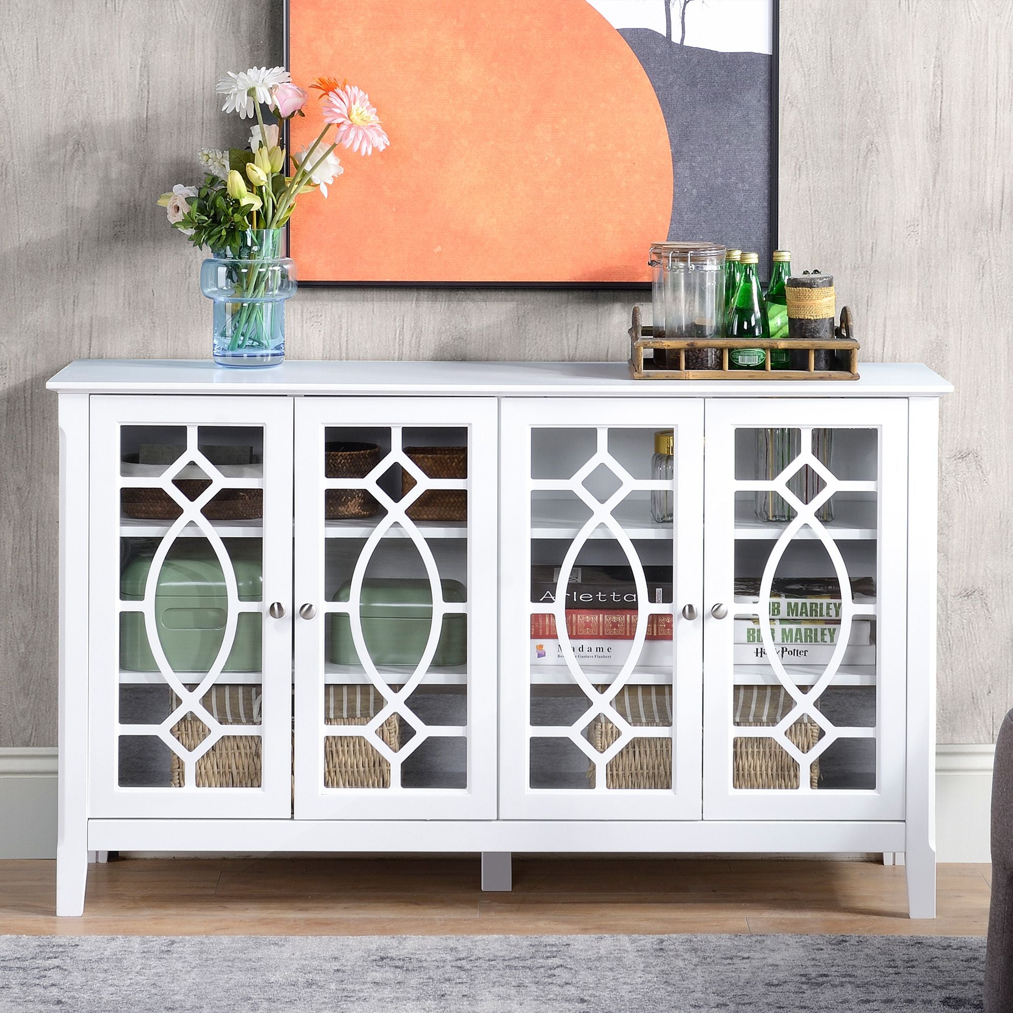 HOMCOM Kitchen Buffet Cabinet White Sideboard with Glass Doors Adjustable Shelves for Dining & Coffee Bar - Comfortable Living Decor