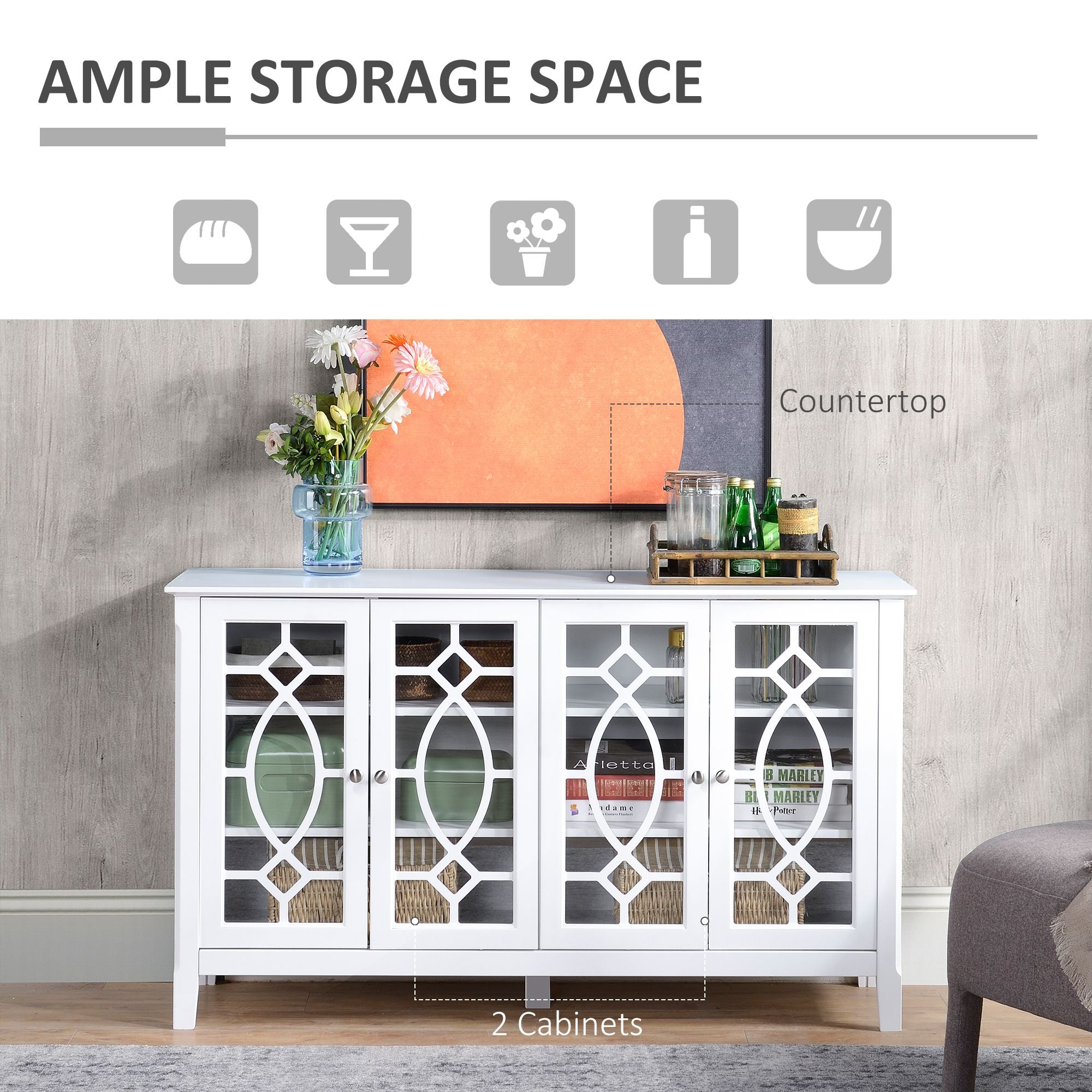 HOMCOM Kitchen Buffet Cabinet White Sideboard with Glass Doors Adjustable Shelves for Dining & Coffee Bar - Comfortable Living Decor