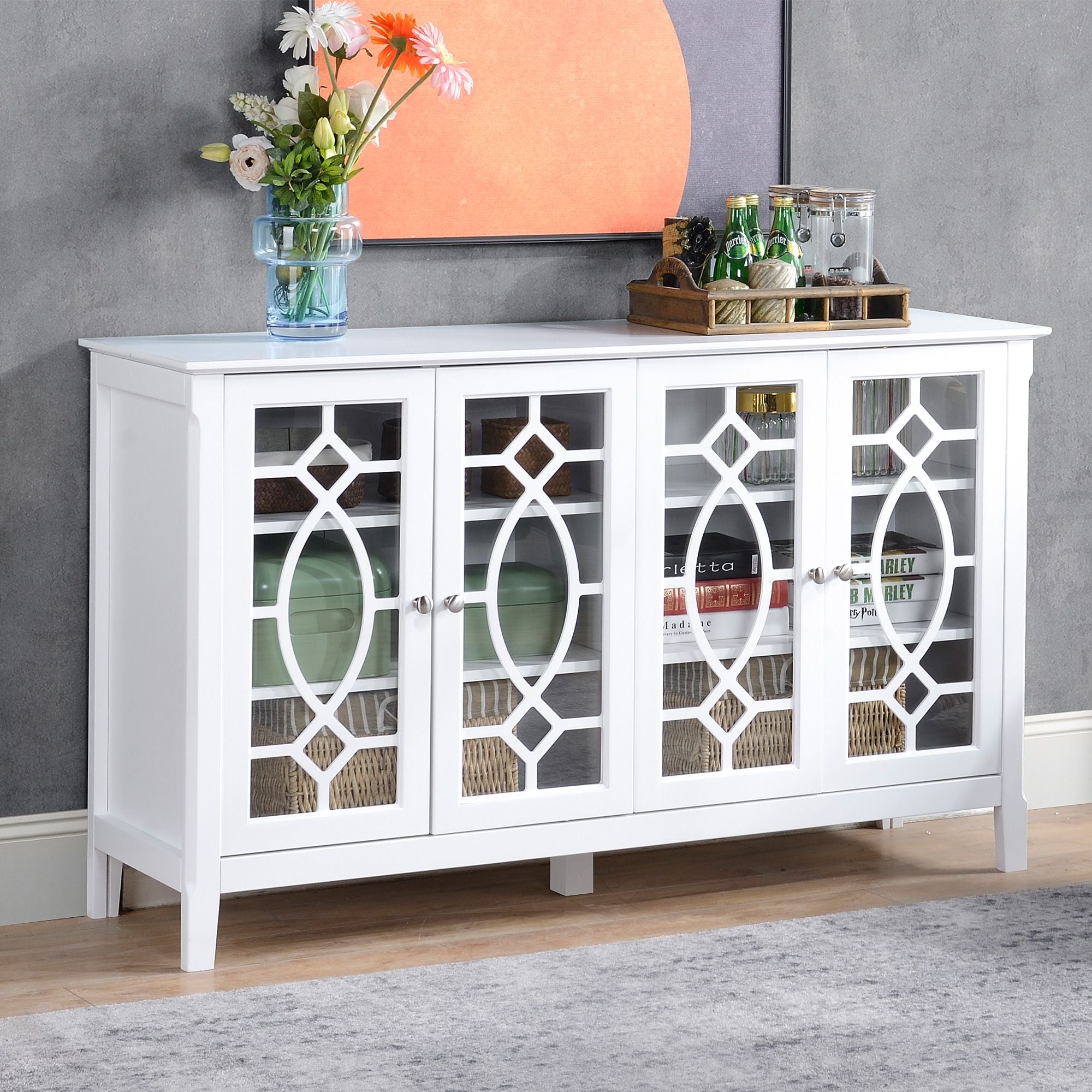 HOMCOM Kitchen Buffet Cabinet White Sideboard with Glass Doors Adjustable Shelves for Dining & Coffee Bar - Comfortable Living Decor