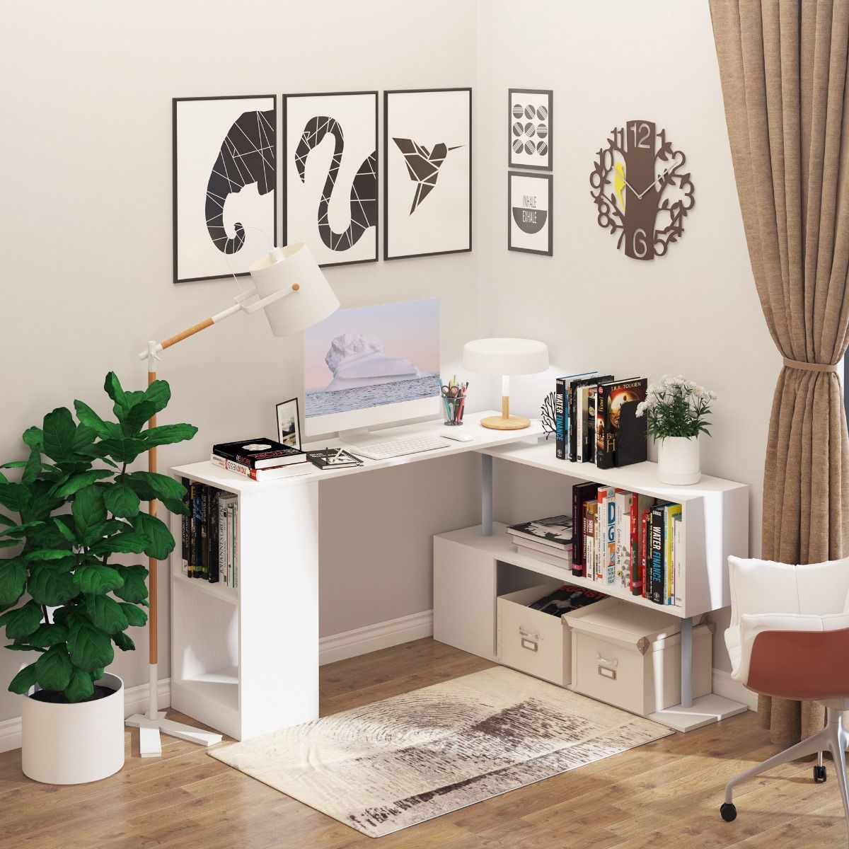 HOMCOM L - Shaped Desk 55" 360° Rotating White Corner Computer Workstation with Storage - Comfortable Living Decor