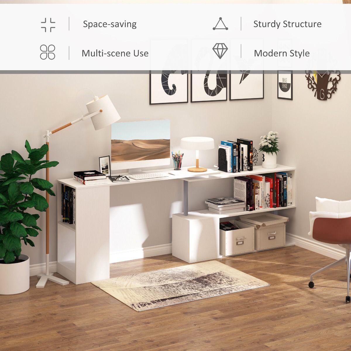 HOMCOM L - Shaped Desk 55" 360° Rotating White Corner Computer Workstation with Storage - Comfortable Living Decor