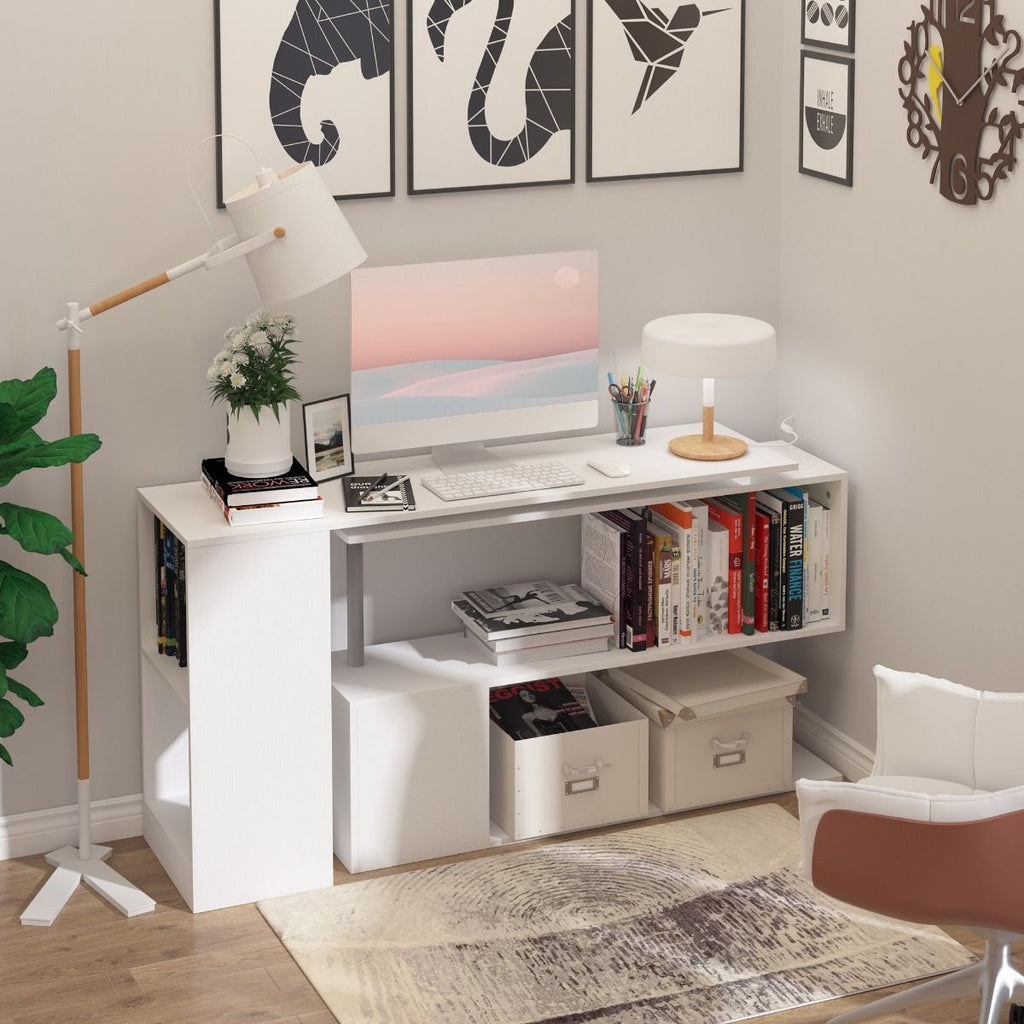 HOMCOM L - Shaped Desk 55" 360° Rotating White Corner Computer Workstation with Storage - Comfortable Living Decor