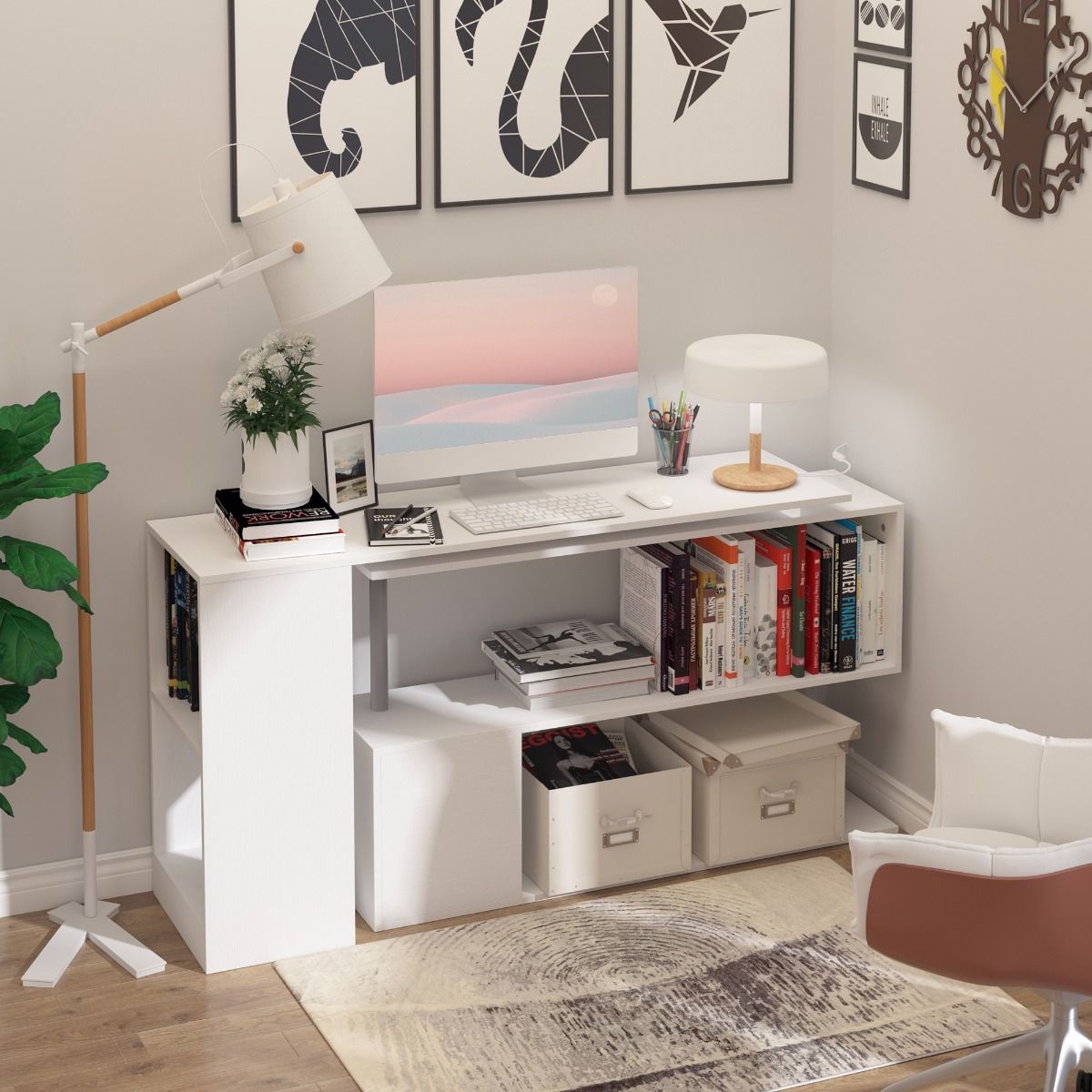 HOMCOM L - Shaped Desk 55" 360° Rotating White Corner Computer Workstation with Storage - Comfortable Living Decor