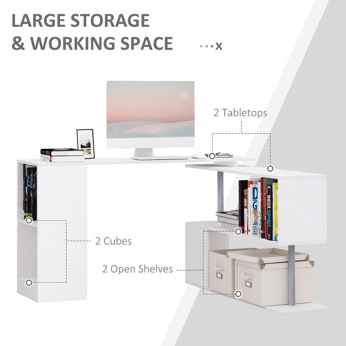 HOMCOM L - Shaped Desk 55" 360° Rotating White Corner Computer Workstation with Storage - Comfortable Living Decor