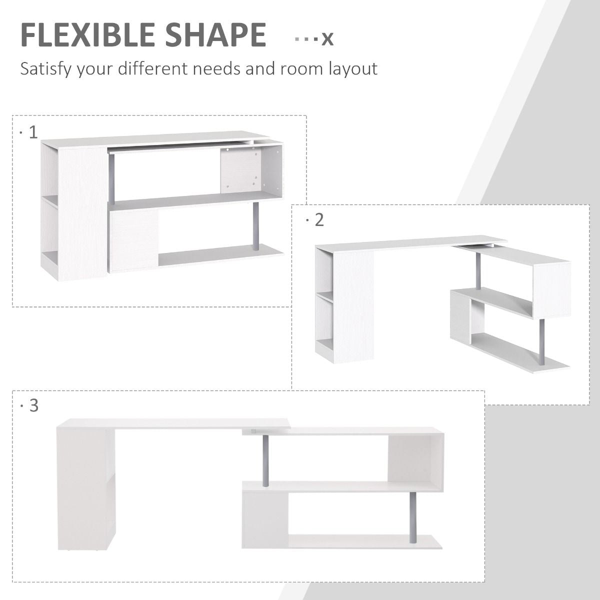 HOMCOM L - Shaped Desk 55" 360° Rotating White Corner Computer Workstation with Storage - Comfortable Living Decor