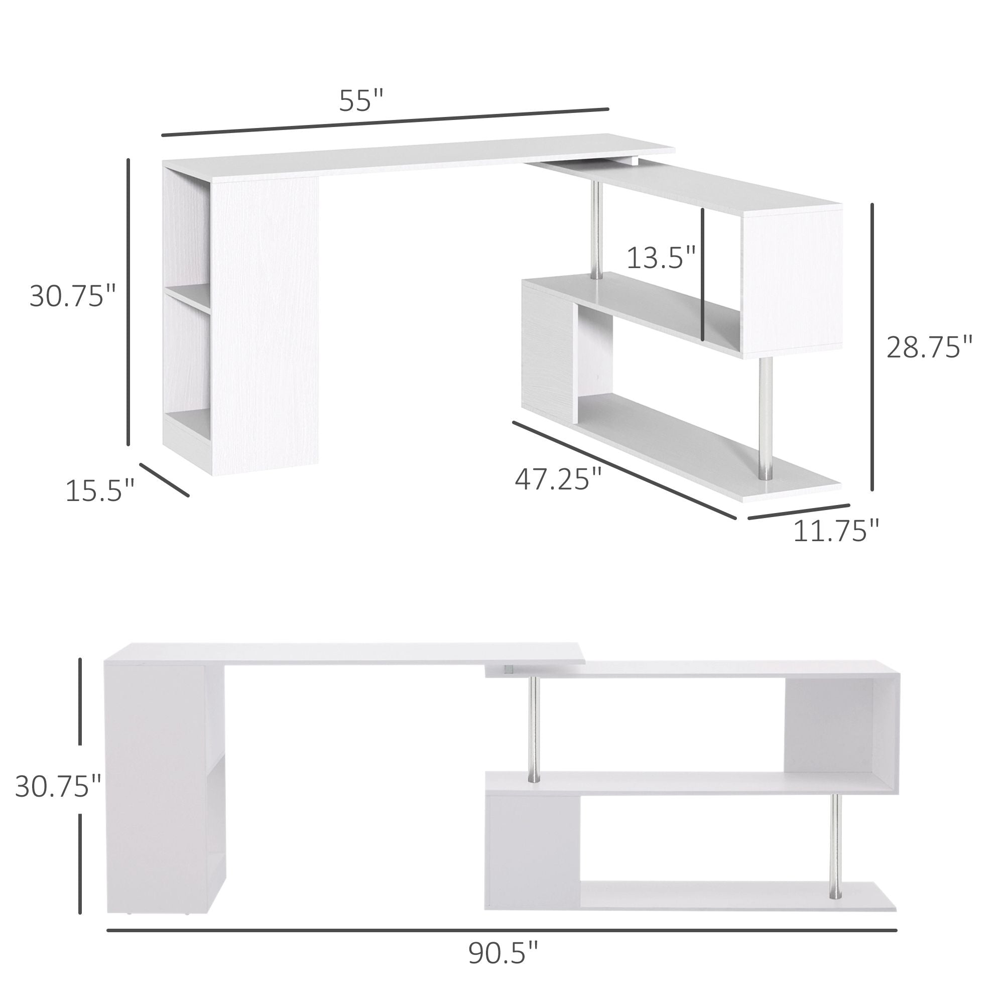 HOMCOM L - Shaped Desk 55" 360° Rotating White Corner Computer Workstation with Storage - Comfortable Living Decor