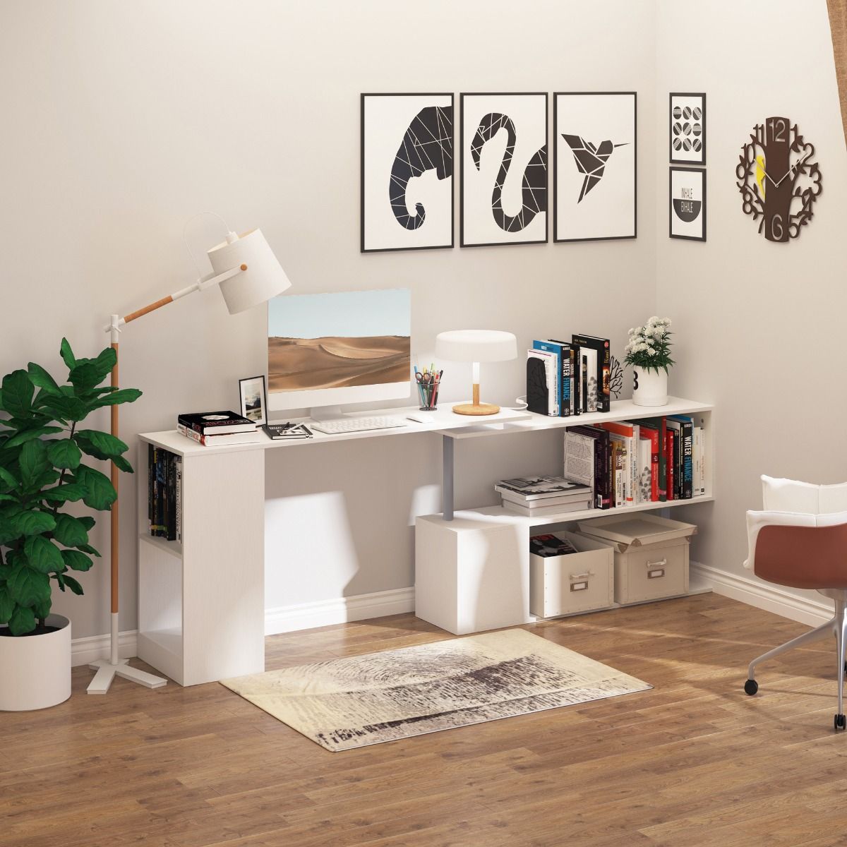 HOMCOM L - Shaped Desk 55" 360° Rotating White Corner Computer Workstation with Storage - Comfortable Living Decor