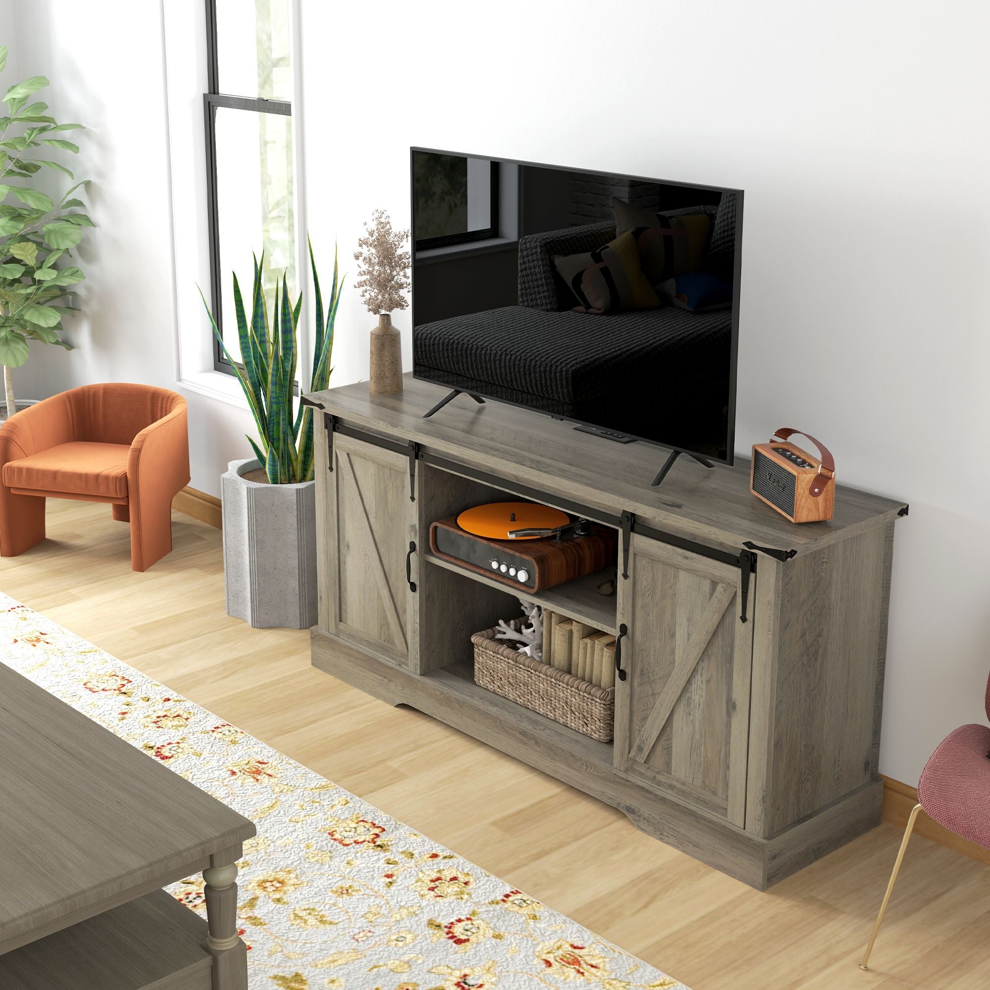 HOMCOM Mid Morden Sideboard, 16" Tall Cabinet with Sliding Barn Door & Charging Station, 65" TV Stand for Living Room, Gray - Comfortable Living Decor