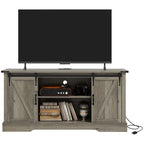 HOMCOM Mid Morden Sideboard, 16" Tall Cabinet with Sliding Barn Door & Charging Station, 65" TV Stand for Living Room, Gray - Comfortable Living Decor