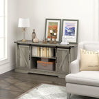 HOMCOM Mid Morden Sideboard, 16" Tall Cabinet with Sliding Barn Door & Charging Station, 65" TV Stand for Living Room, Gray - Comfortable Living Decor