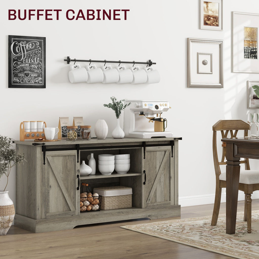 HOMCOM Mid Morden Sideboard, 16" Tall Cabinet with Sliding Barn Door & Charging Station, 65" TV Stand for Living Room, Gray - Comfortable Living Decor