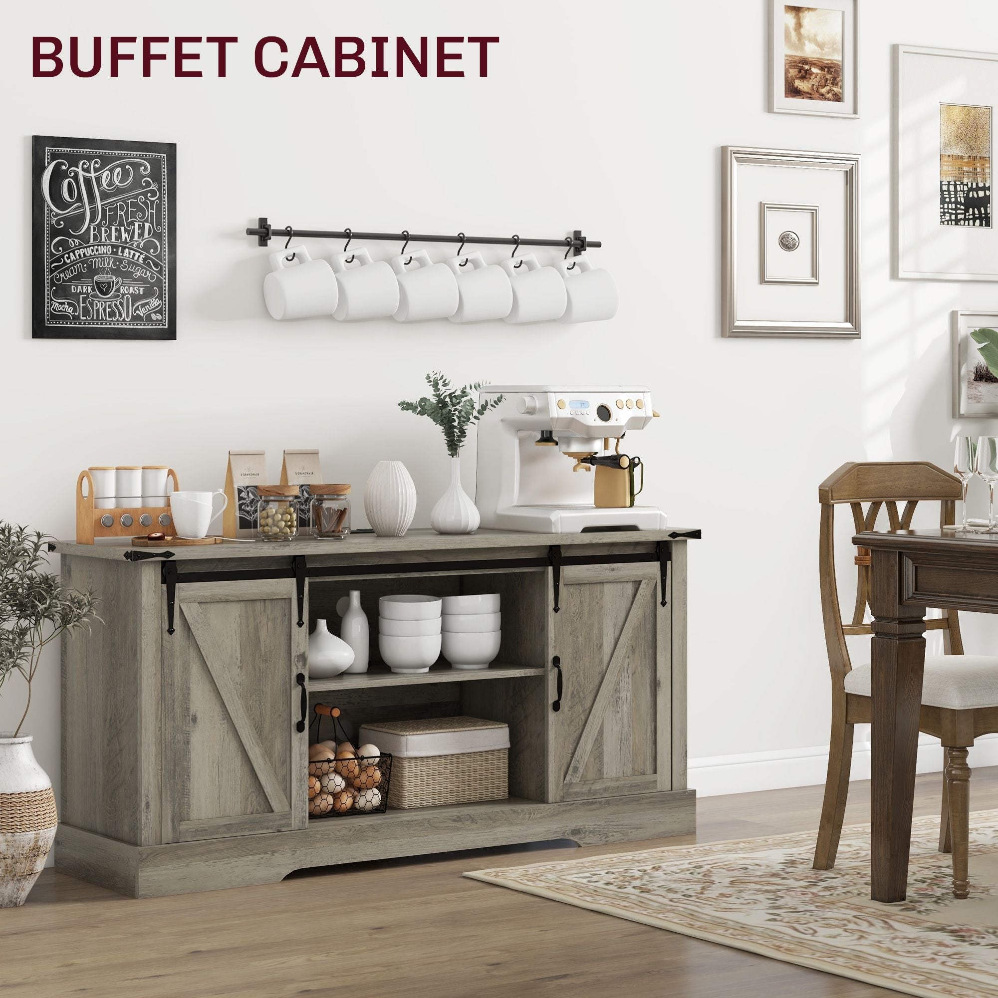 HOMCOM Mid Morden Sideboard, 16" Tall Cabinet with Sliding Barn Door & Charging Station, 65" TV Stand for Living Room, Gray - Comfortable Living Decor