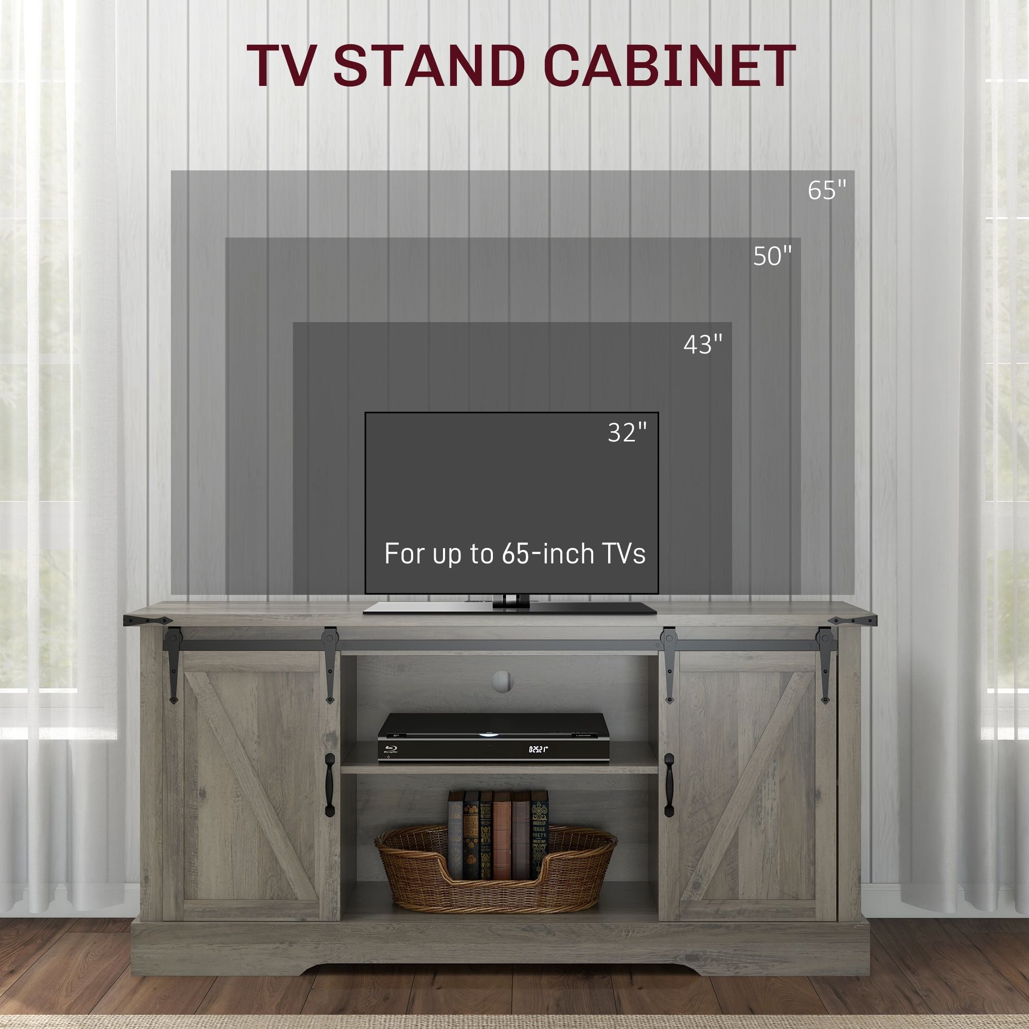 HOMCOM Mid Morden Sideboard, 16" Tall Cabinet with Sliding Barn Door & Charging Station, 65" TV Stand for Living Room, Gray - Comfortable Living Decor