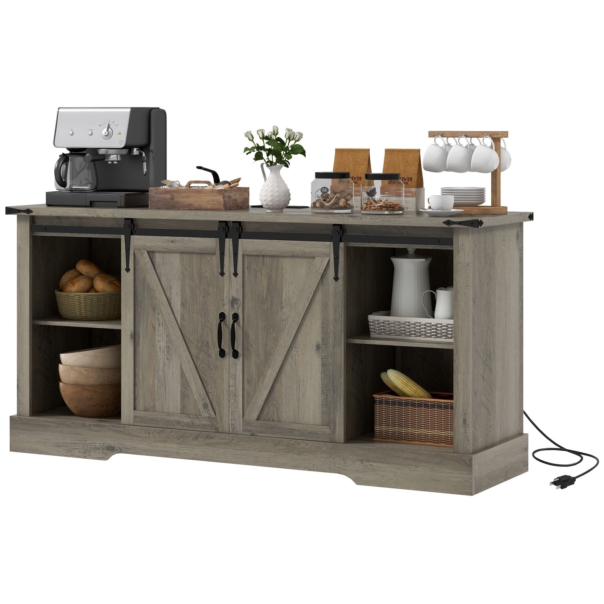 HOMCOM Mid Morden Sideboard, 16" Tall Cabinet with Sliding Barn Door & Charging Station, 65" TV Stand for Living Room, Gray - Comfortable Living Decor