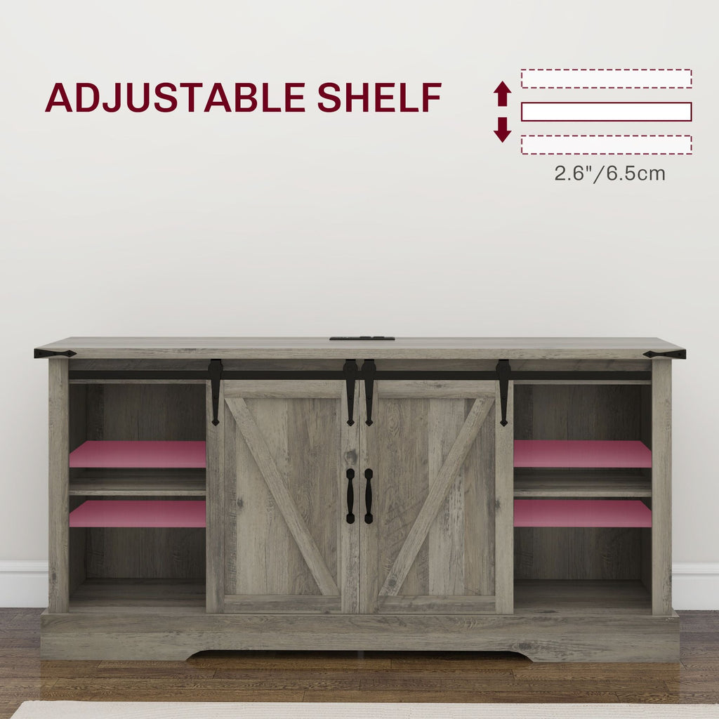 HOMCOM Mid Morden Sideboard, 16" Tall Cabinet with Sliding Barn Door & Charging Station, 65" TV Stand for Living Room, Gray - Comfortable Living Decor