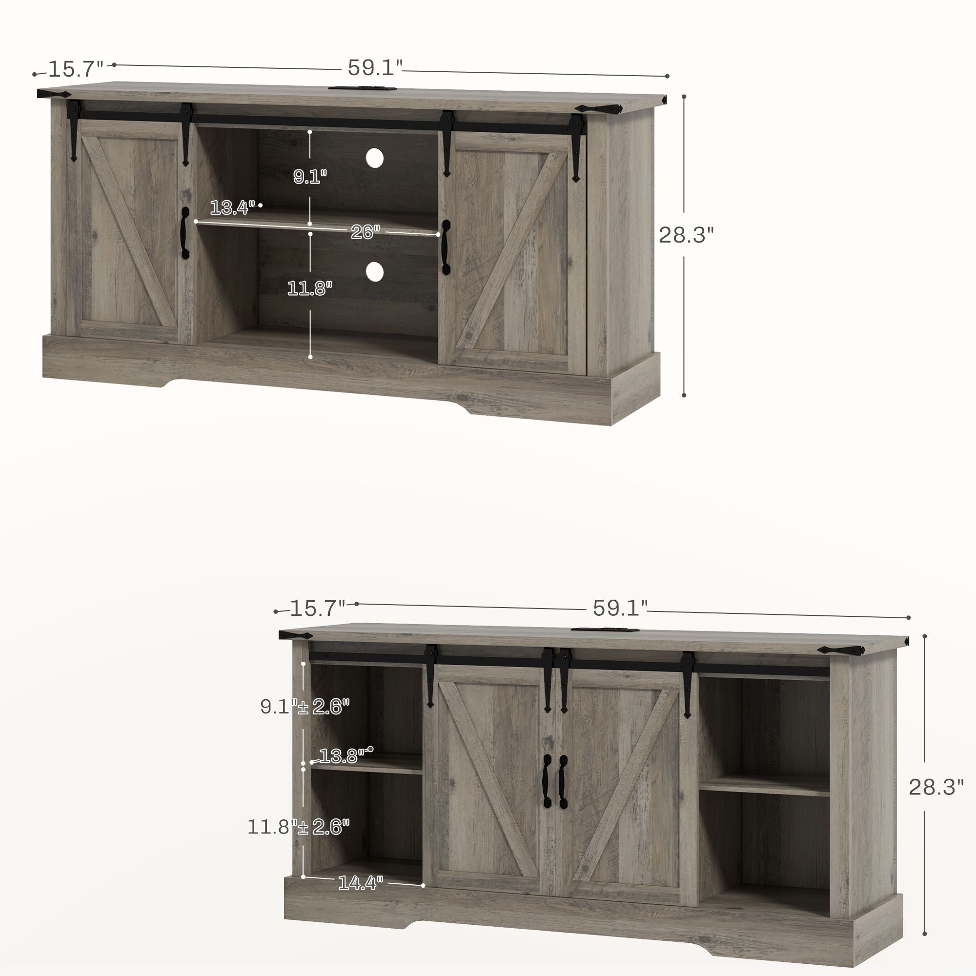 HOMCOM Mid Morden Sideboard, 16" Tall Cabinet with Sliding Barn Door & Charging Station, 65" TV Stand for Living Room, Gray - Comfortable Living Decor