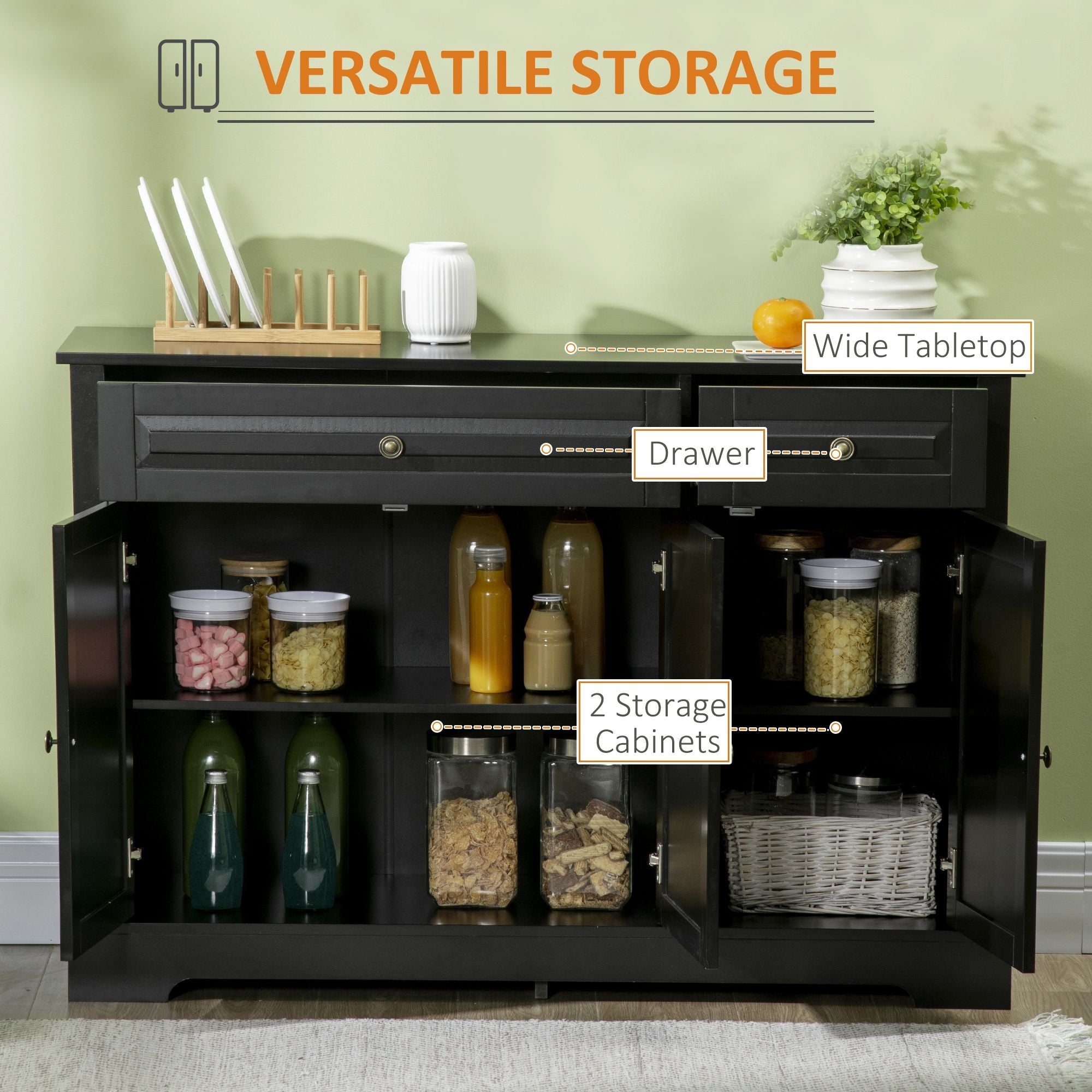 HOMCOM Modern Black Sideboard Buffet with Cupboards Drawers Shelves for Living Room Kitchen Storage - Comfortable Living Decor