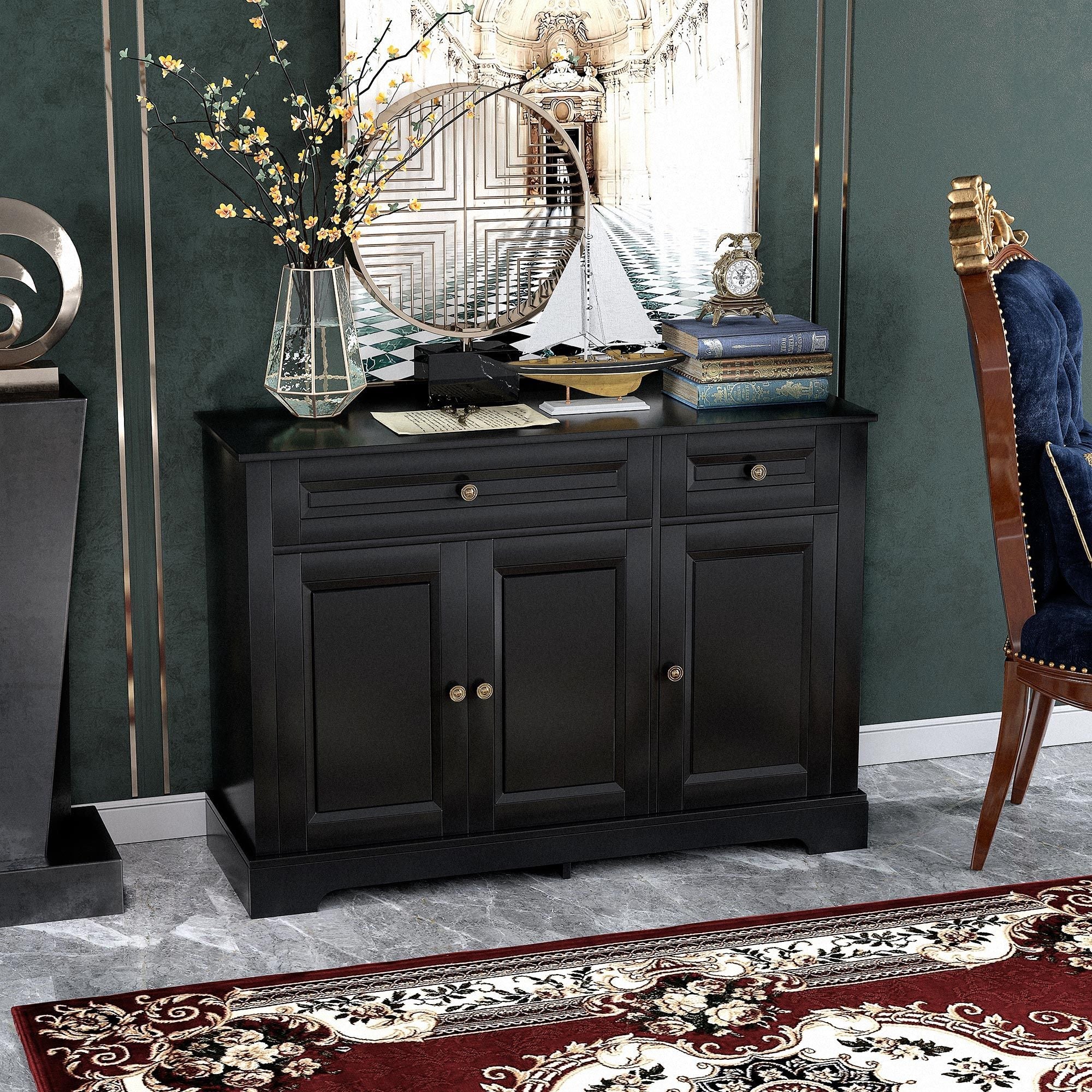 HOMCOM Modern Black Sideboard Buffet with Cupboards Drawers Shelves for Living Room Kitchen Storage - Comfortable Living Decor