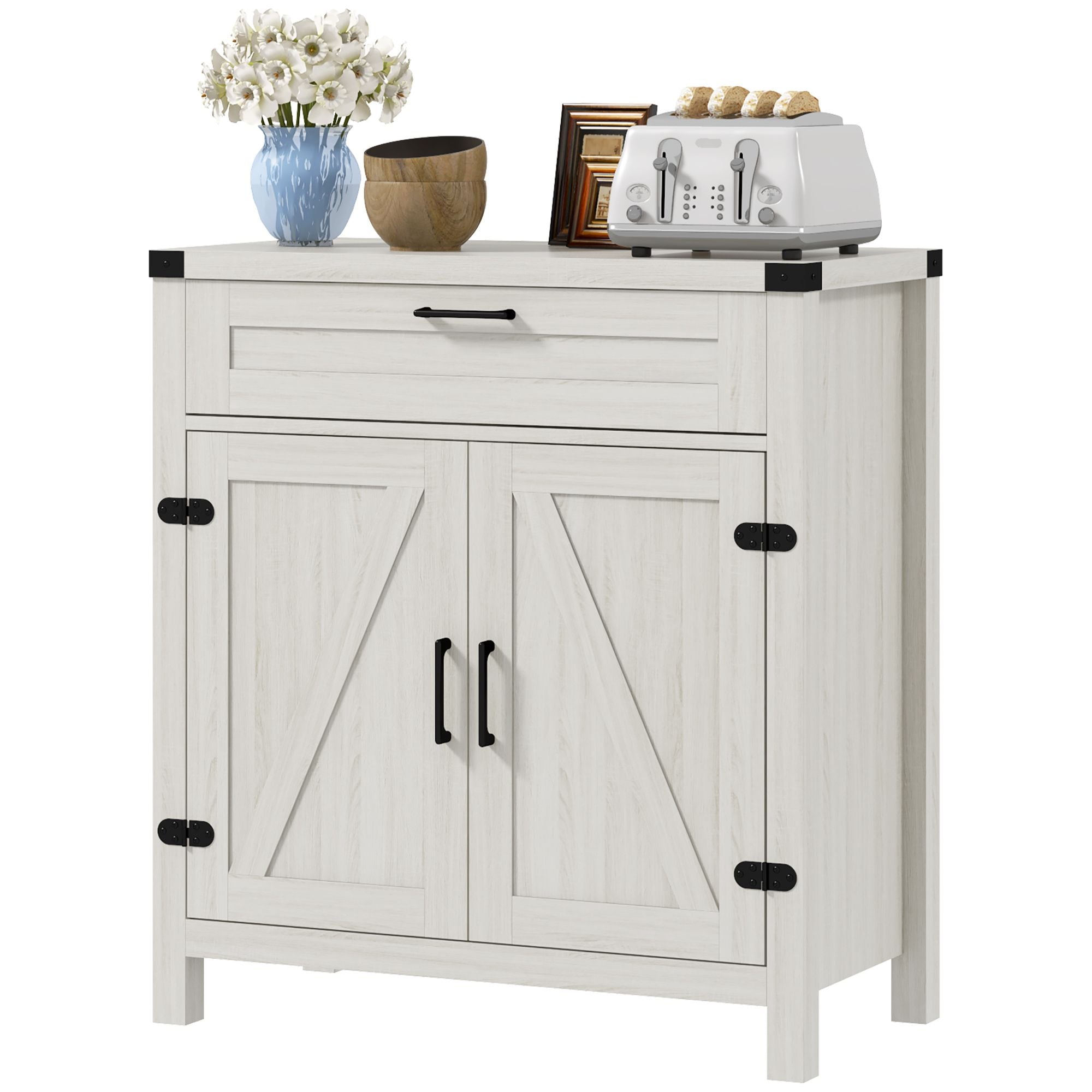 HOMCOM Modern Farmhouse Sideboard Storage Cabinet, Buffet Cabinet with 2 Barn Doors and Drawer for Dining Room, White Oak - Comfortable Living Decor