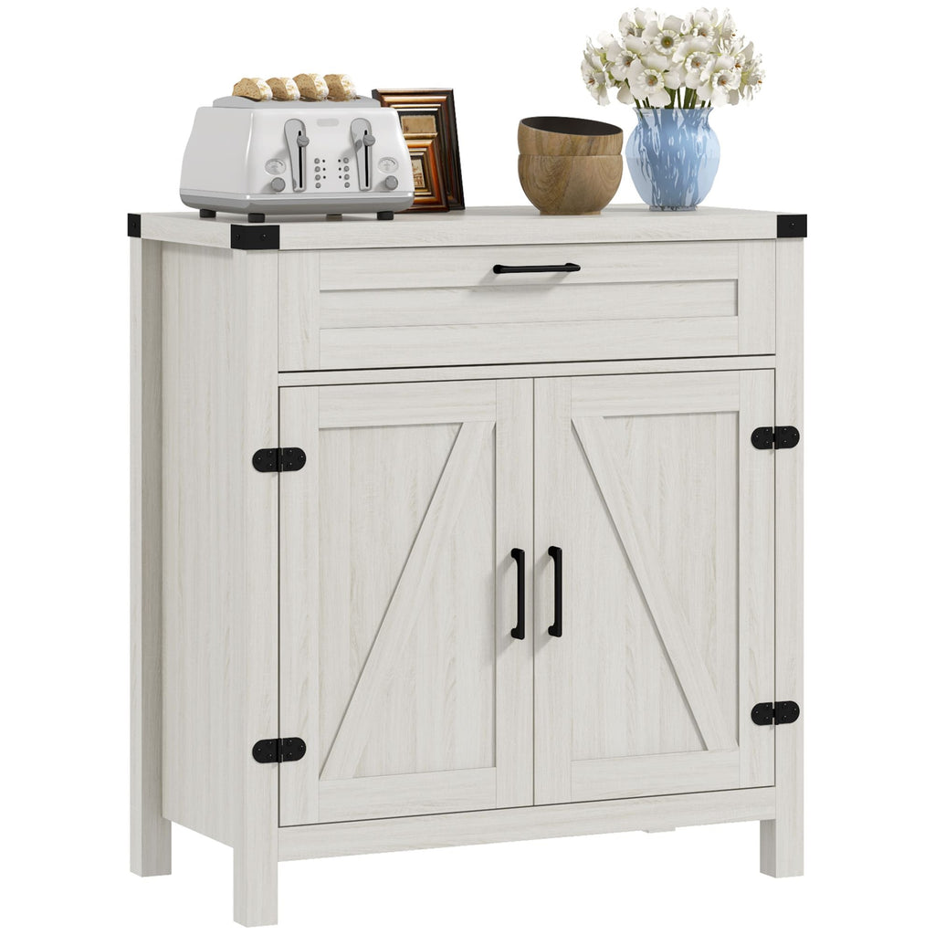 HOMCOM Modern Farmhouse Sideboard Storage Cabinet, Buffet Cabinet with 2 Barn Doors and Drawer for Dining Room, White Oak - Comfortable Living Decor