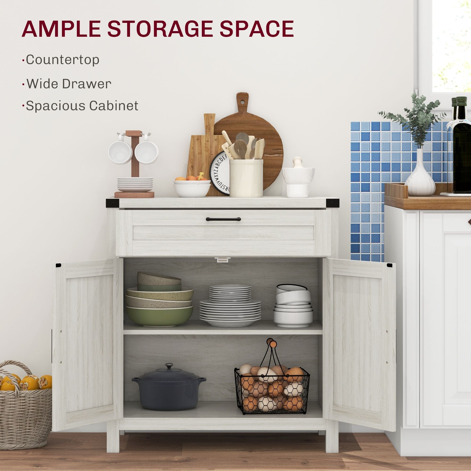 HOMCOM Modern Farmhouse Sideboard Storage Cabinet, Buffet Cabinet with 2 Barn Doors and Drawer for Dining Room, White Oak - Comfortable Living Decor