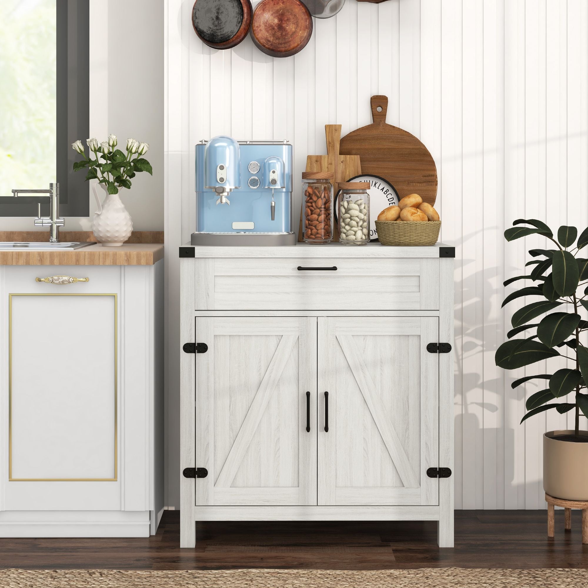 HOMCOM Modern Farmhouse Sideboard Storage Cabinet, Buffet Cabinet with 2 Barn Doors and Drawer for Dining Room, White Oak - Comfortable Living Decor