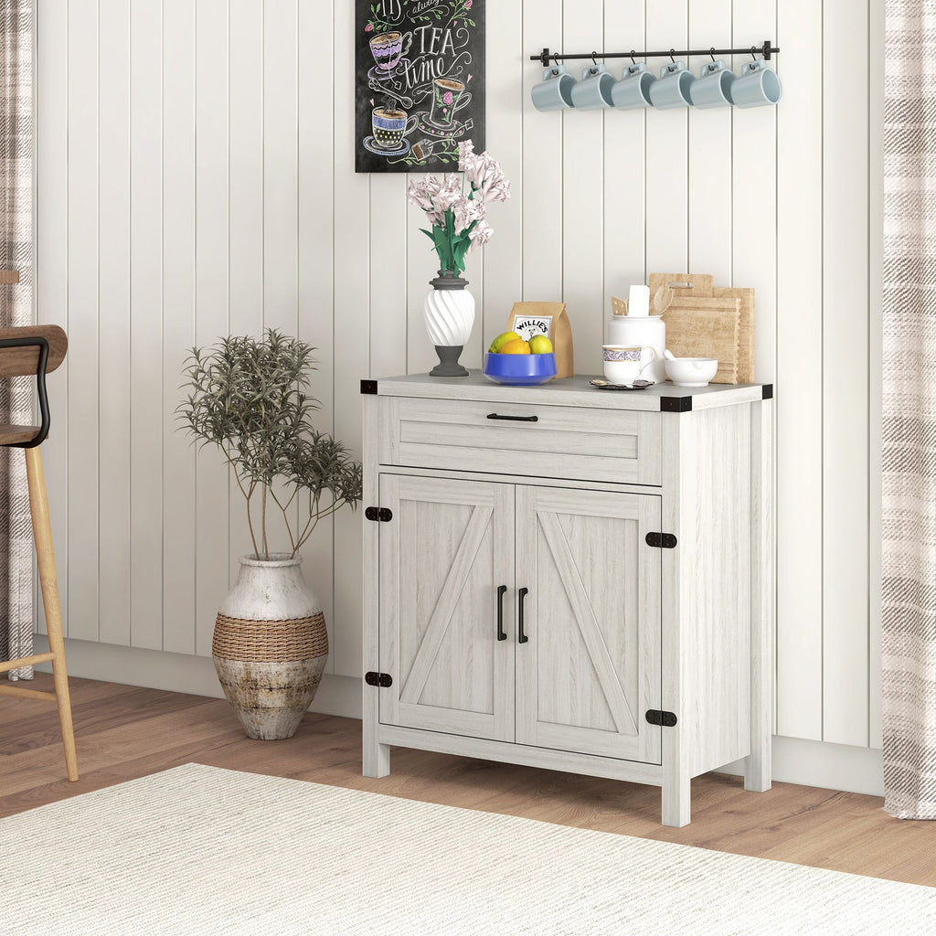 HOMCOM Modern Farmhouse Sideboard Storage Cabinet, Buffet Cabinet with 2 Barn Doors and Drawer for Dining Room, White Oak - Comfortable Living Decor