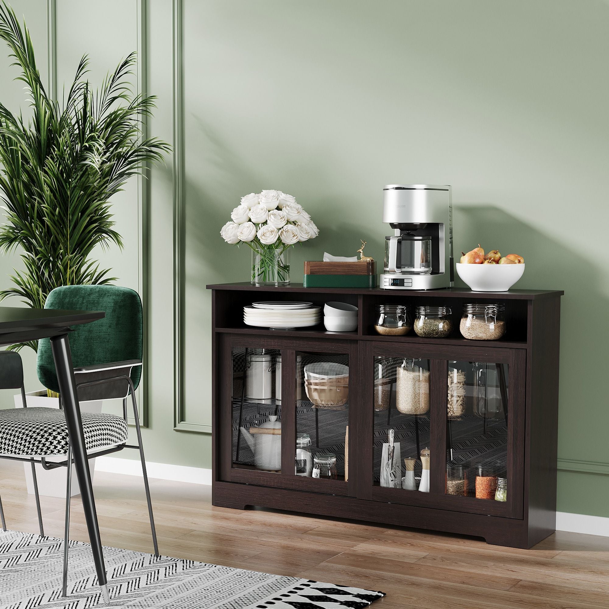 HOMCOM Modern Kitchen Buffet Cabinet, Storage Sideboard, Sliding Glass Doors Cupboard with Adjustable Shelf, Dark Brown - Comfortable Living Decor