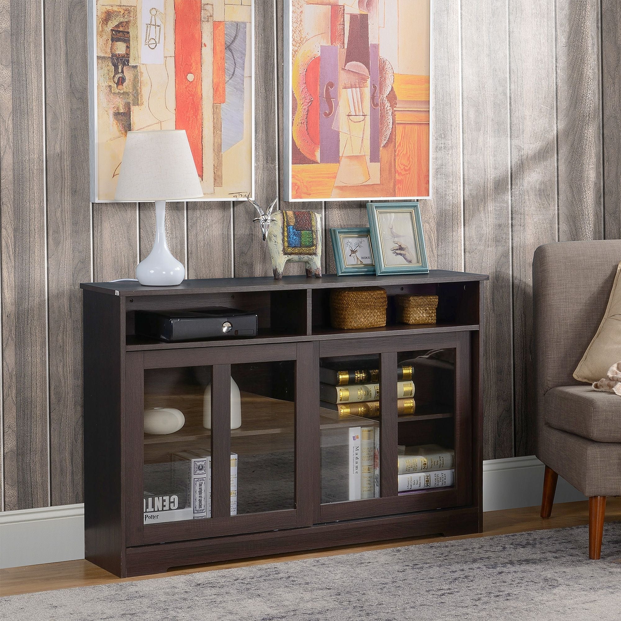 HOMCOM Modern Kitchen Buffet Cabinet, Storage Sideboard, Sliding Glass Doors Cupboard with Adjustable Shelf, Dark Brown - Comfortable Living Decor