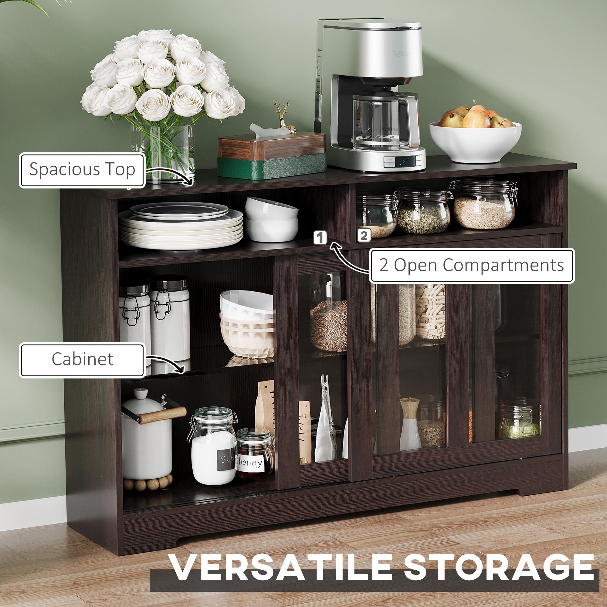 HOMCOM Modern Kitchen Buffet Cabinet, Storage Sideboard, Sliding Glass Doors Cupboard with Adjustable Shelf, Dark Brown - Comfortable Living Decor