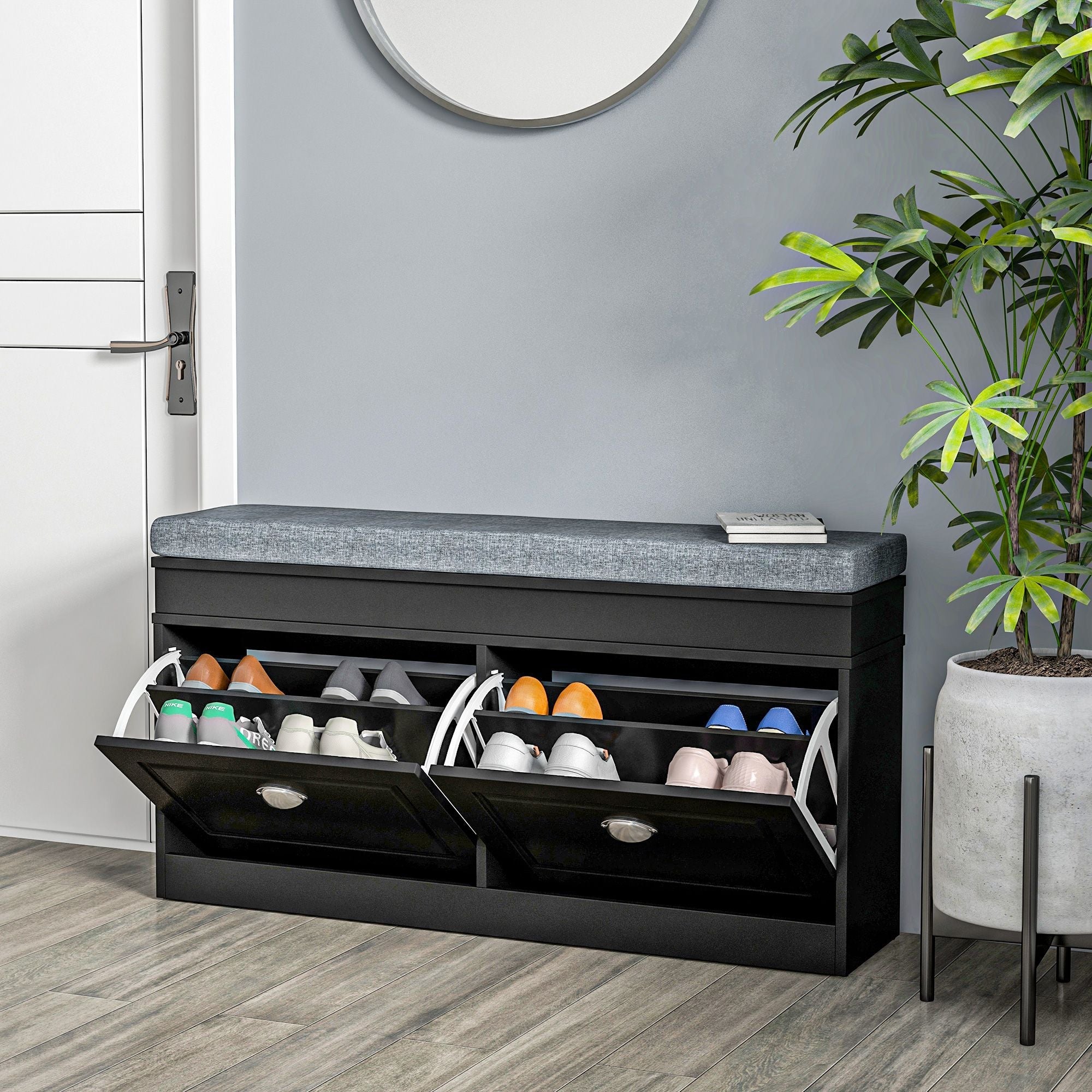 HOMCOM Modern Shoe Storage Bench Black Entryway Bench with Cushion 2 Drawers Ottoman Holds 8 Pairs - Comfortable Living Decor