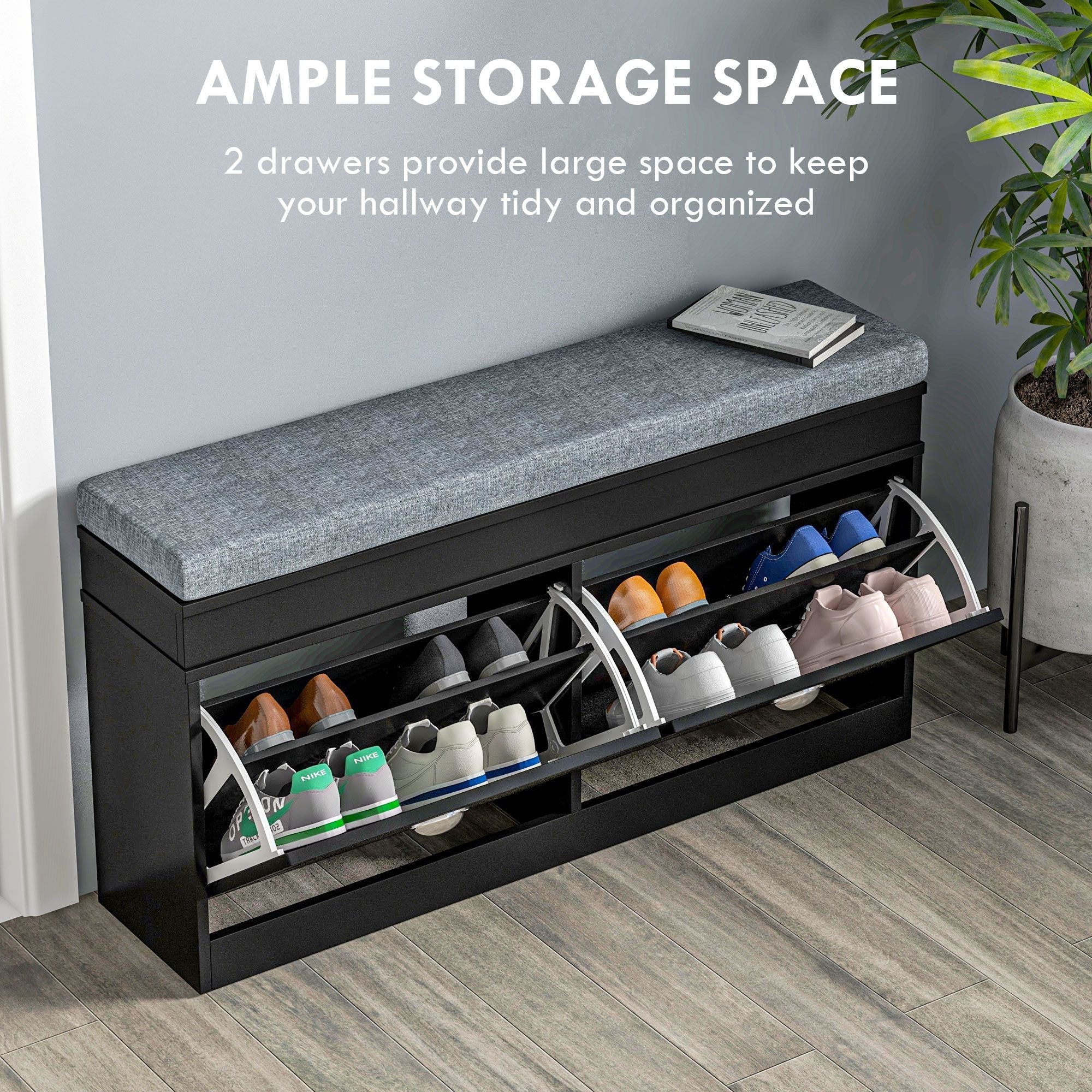 HOMCOM Modern Shoe Storage Bench Black Entryway Bench with Cushion 2 Drawers Ottoman Holds 8 Pairs - Comfortable Living Decor