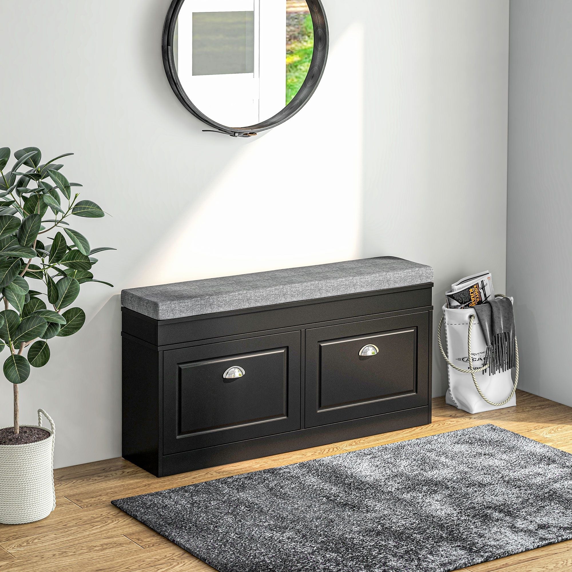 HOMCOM Modern Shoe Storage Bench Black Entryway Bench with Cushion 2 Drawers Ottoman Holds 8 Pairs - Comfortable Living Decor