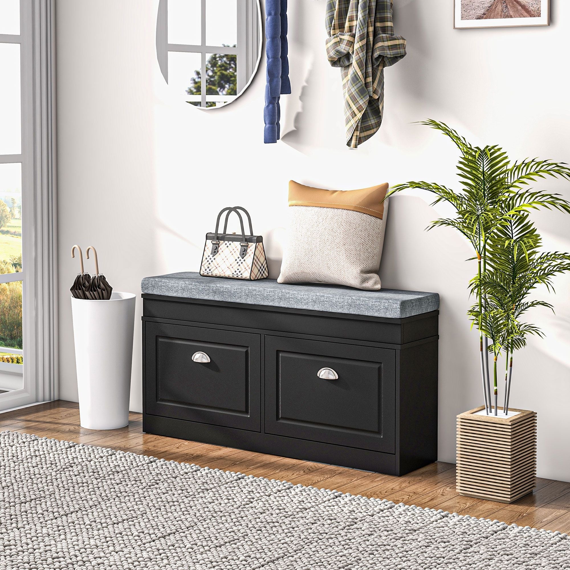 HOMCOM Modern Shoe Storage Bench Black Entryway Bench with Cushion 2 Drawers Ottoman Holds 8 Pairs - Comfortable Living Decor