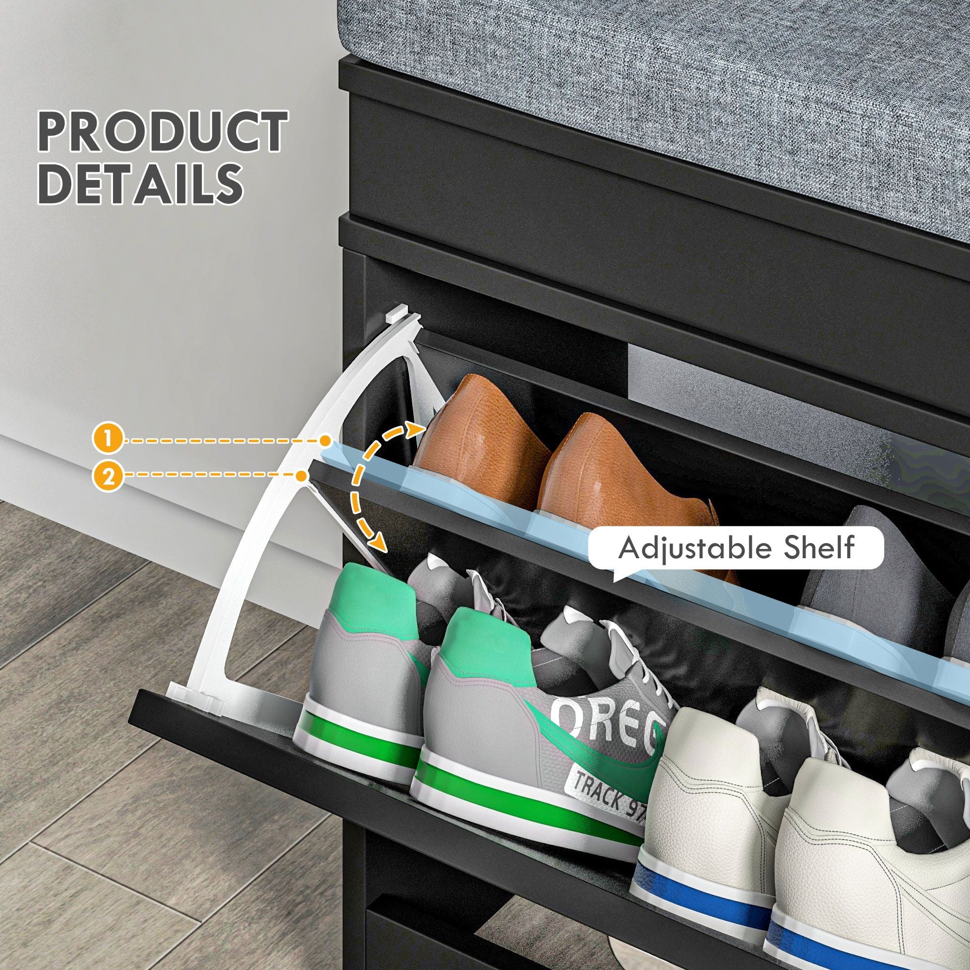 HOMCOM Modern Shoe Storage Bench Black Entryway Bench with Cushion 2 Drawers Ottoman Holds 8 Pairs - Comfortable Living Decor