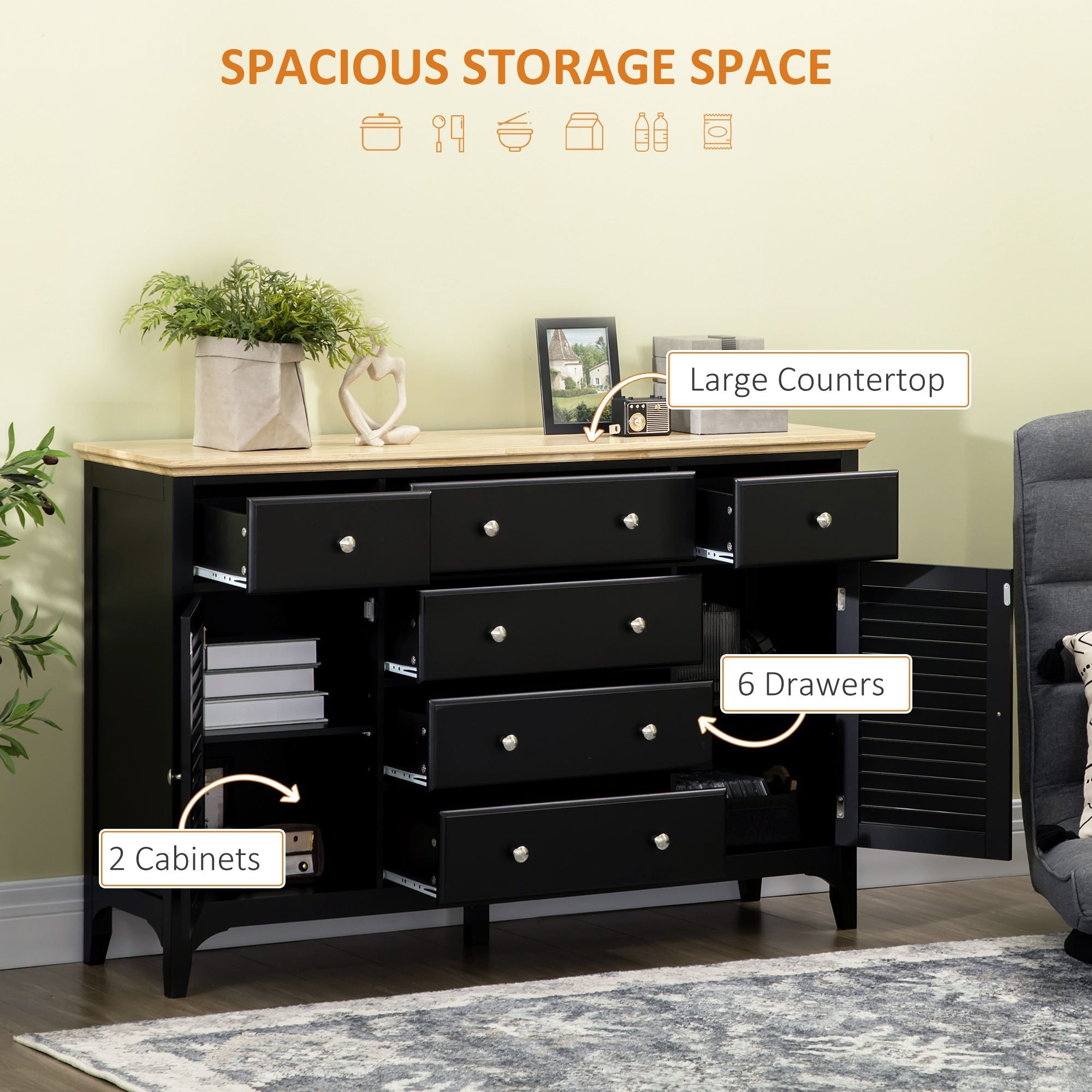 HOMCOM Modern Sideboard Buffet Cabinet Rubberwood Top Adjustable Shelves Black for Kitchen Living Room - Comfortable Living Decor