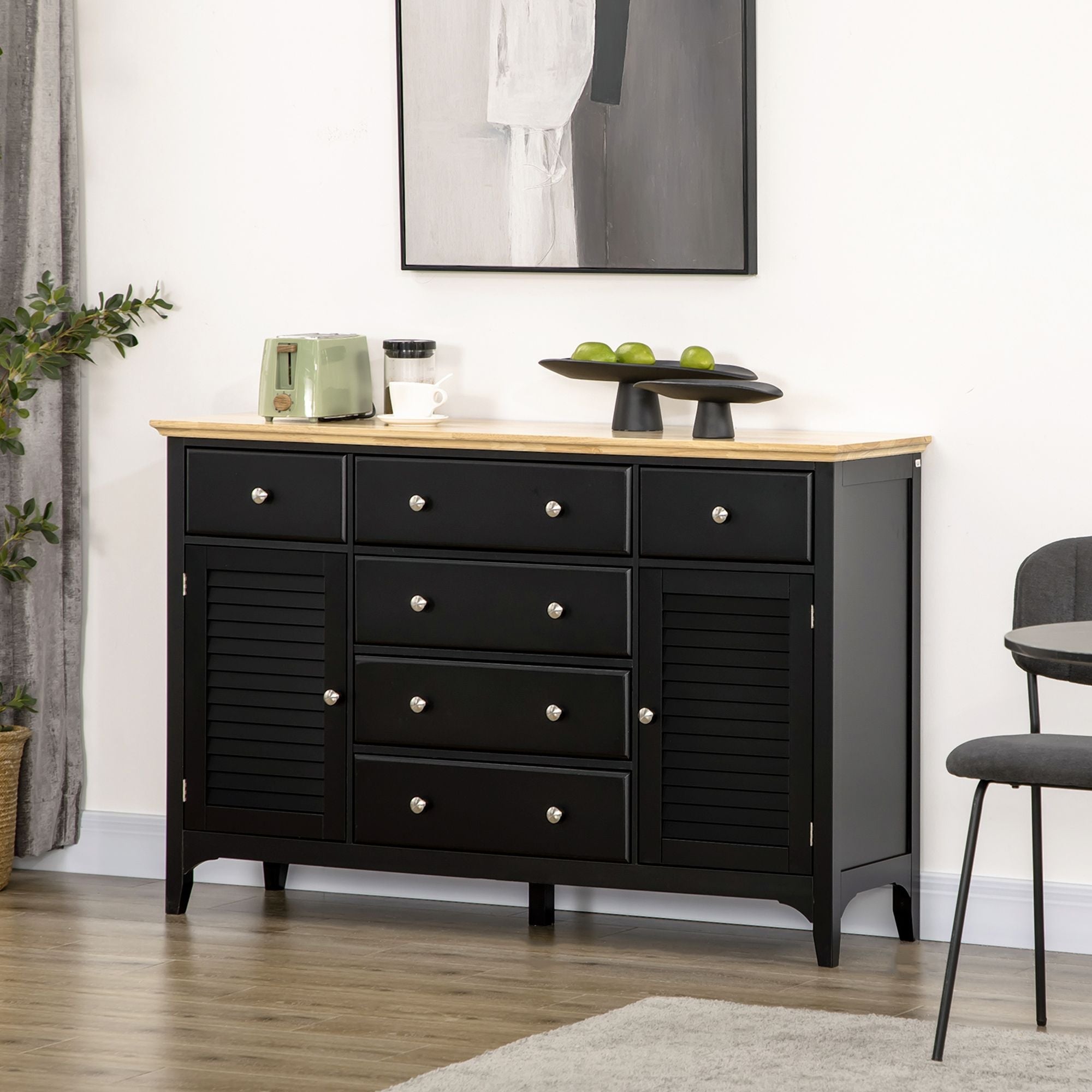 HOMCOM Modern Sideboard Buffet Cabinet Rubberwood Top Adjustable Shelves Black for Kitchen Living Room - Comfortable Living Decor