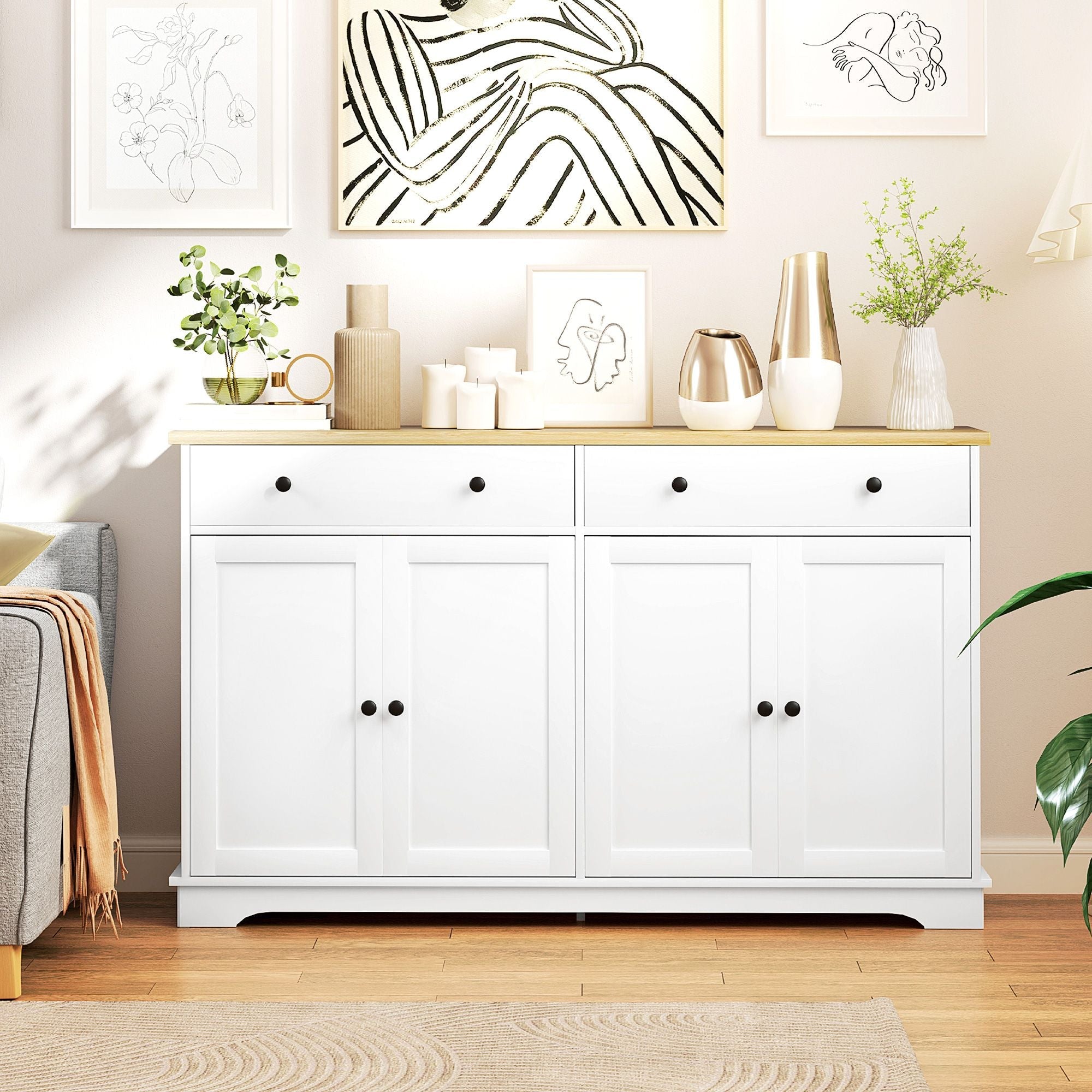 HOMCOM Modern Sideboard, Buffet Cabinet with Storage Drawers, Adjustable Shelves for Living Room, Dining Room, Entryway, White - Comfortable Living Decor