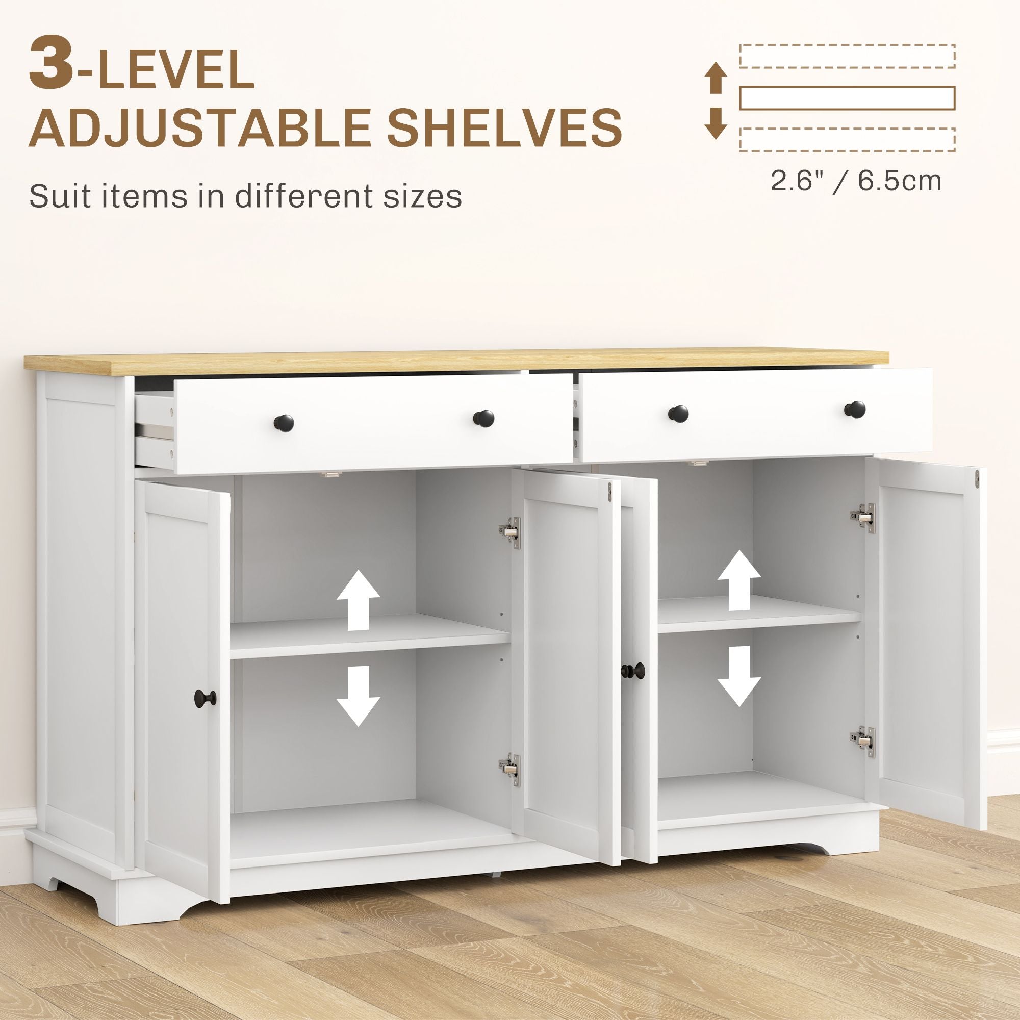 HOMCOM Modern Sideboard, Buffet Cabinet with Storage Drawers, Adjustable Shelves for Living Room, Dining Room, Entryway, White - Comfortable Living Decor