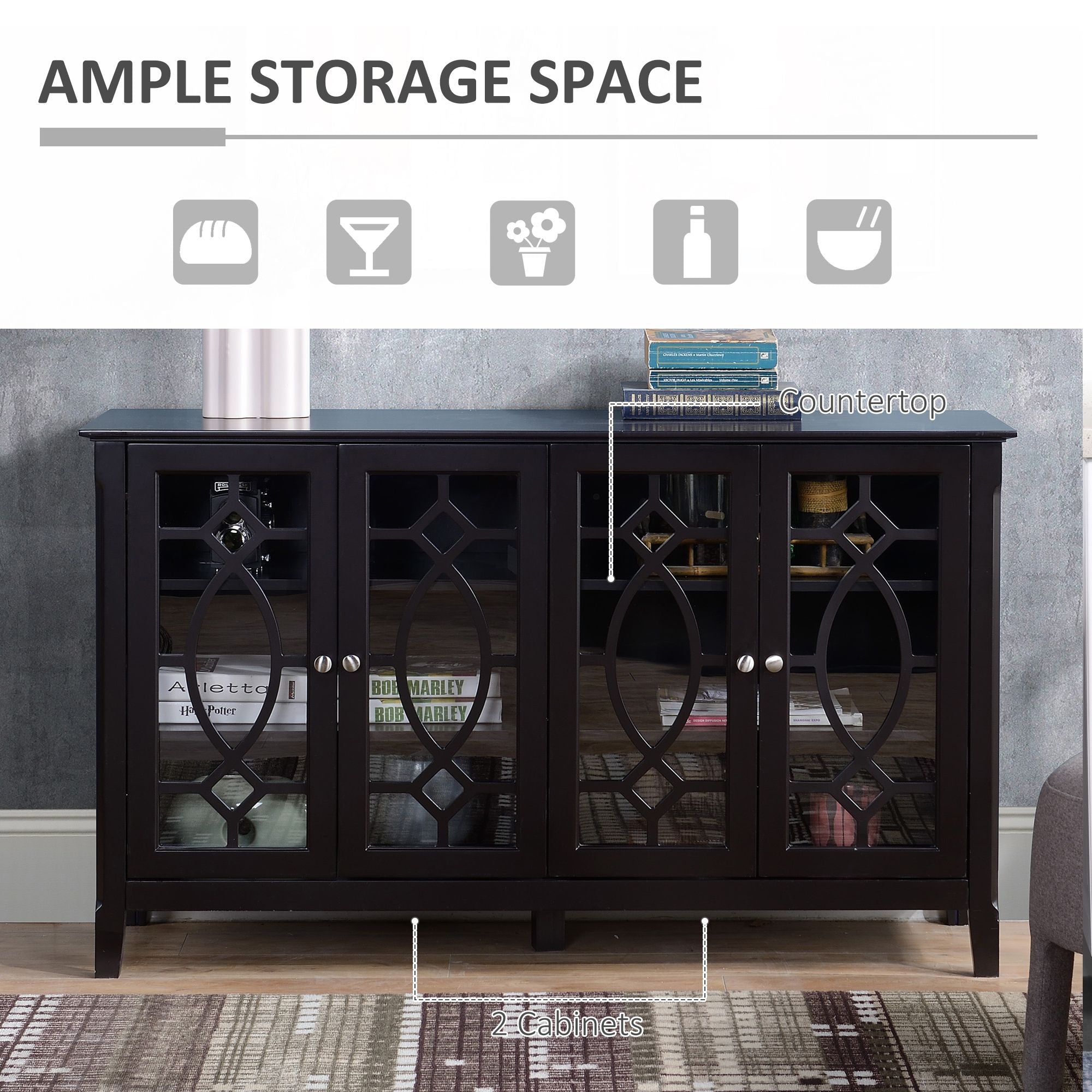 HOMCOM Modern Sideboard Espresso Storage Console Table Buffet Cabinet Glass Doors Living Dining Room - Comfortable Living Decor