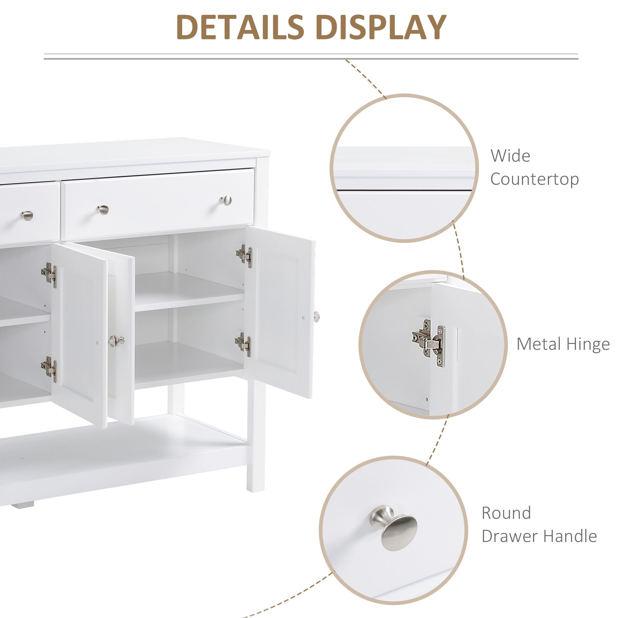HOMCOM Modern White Buffet, Metal Hinges & Round Handles, Dining Room Storage - Comfortable Living Decor