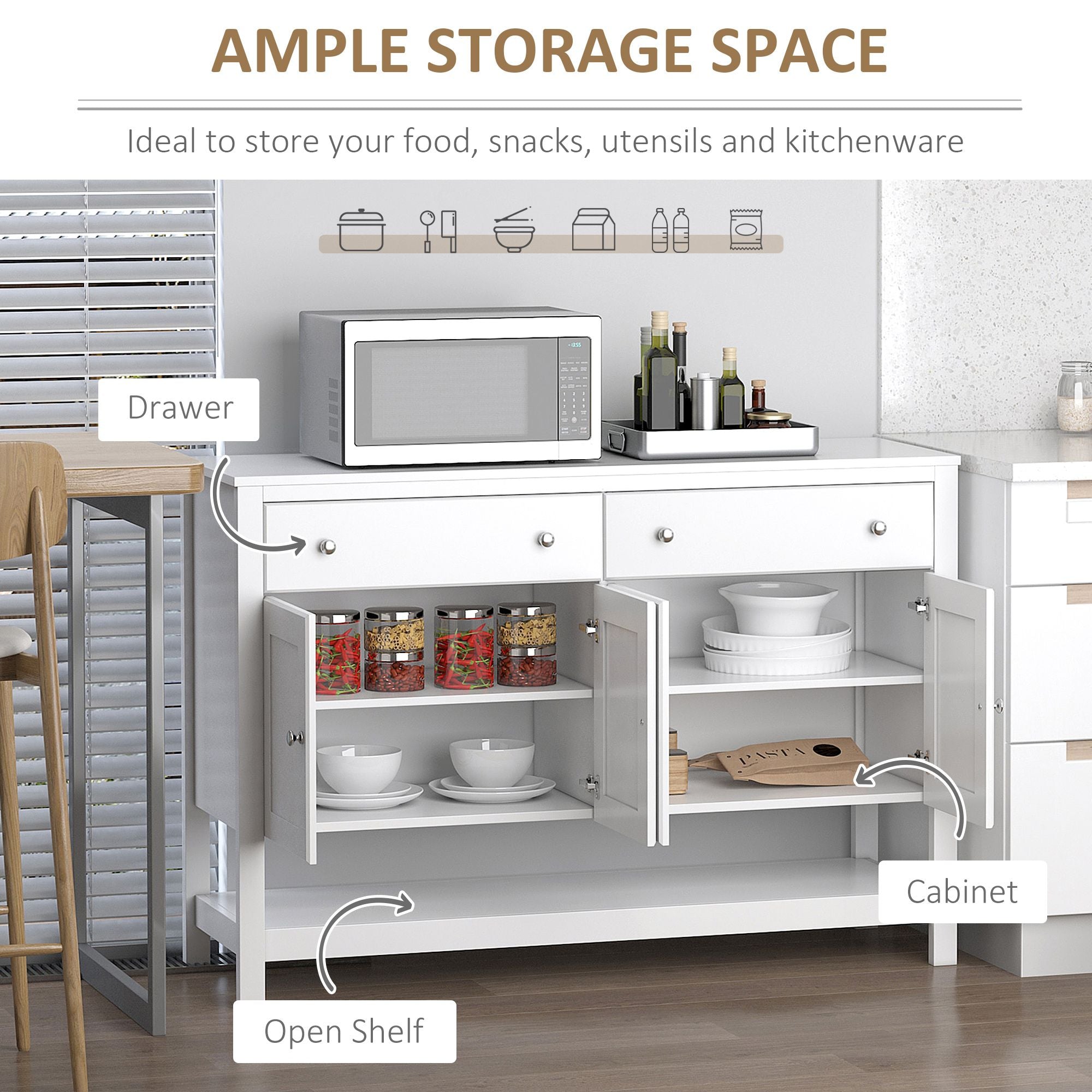 HOMCOM Modern White Buffet, Metal Hinges & Round Handles, Dining Room Storage - Comfortable Living Decor
